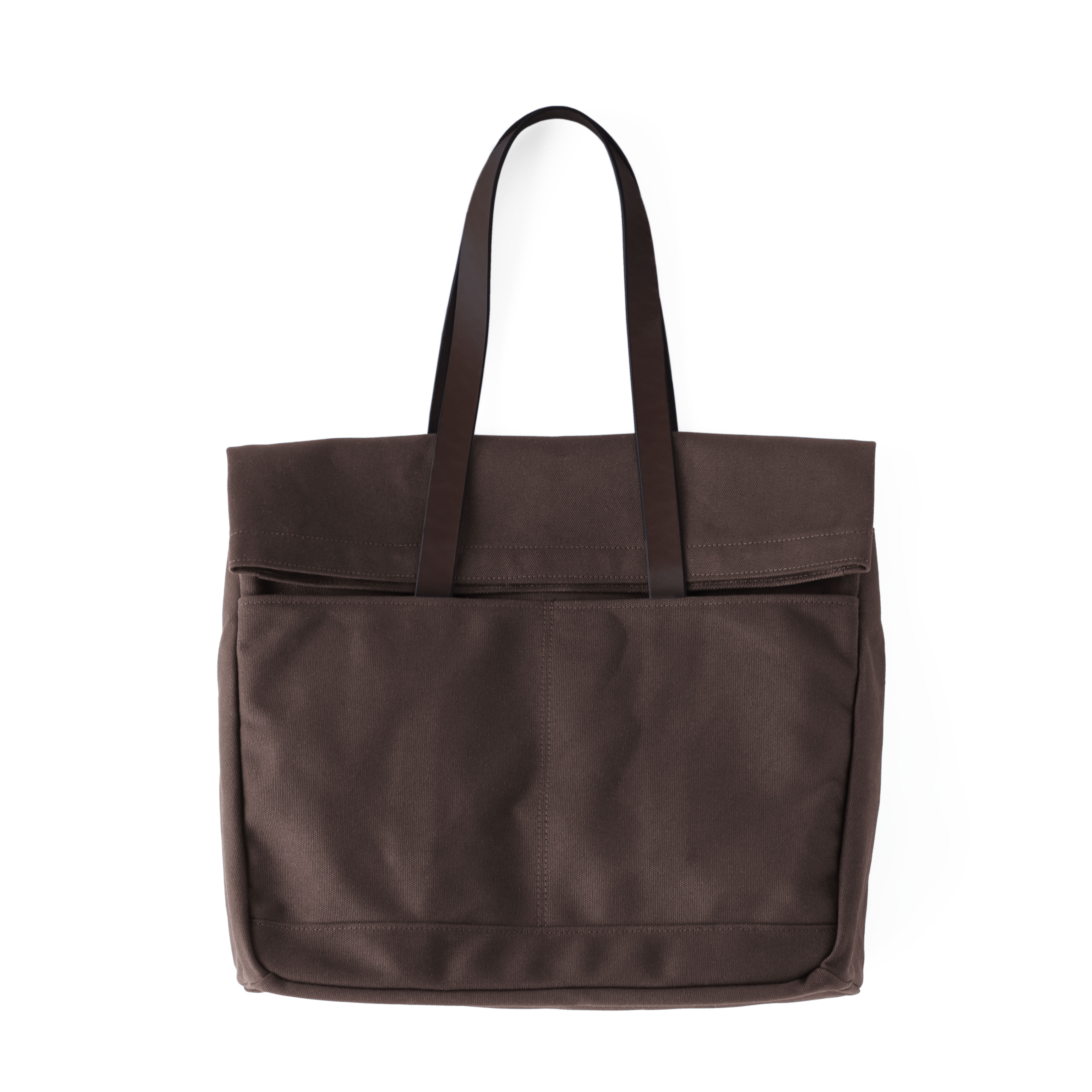 Front view of the MAKR Canvas and Leather Fold Weekender in Brown canvas and English Bridle leather.