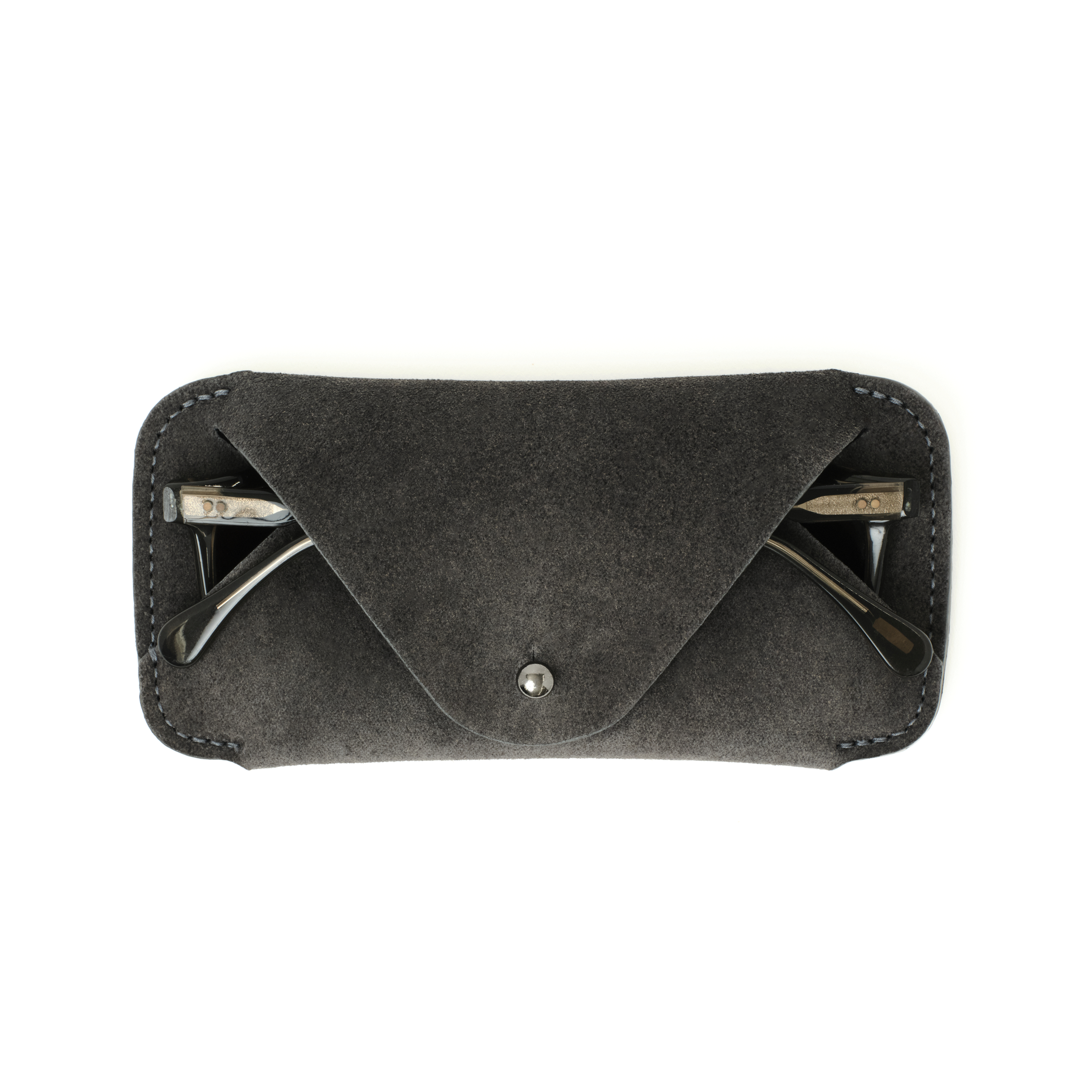 The MAKR Eyewear Sleeve V2 in Lead Horween suede with a pair of glasses inside, front view.