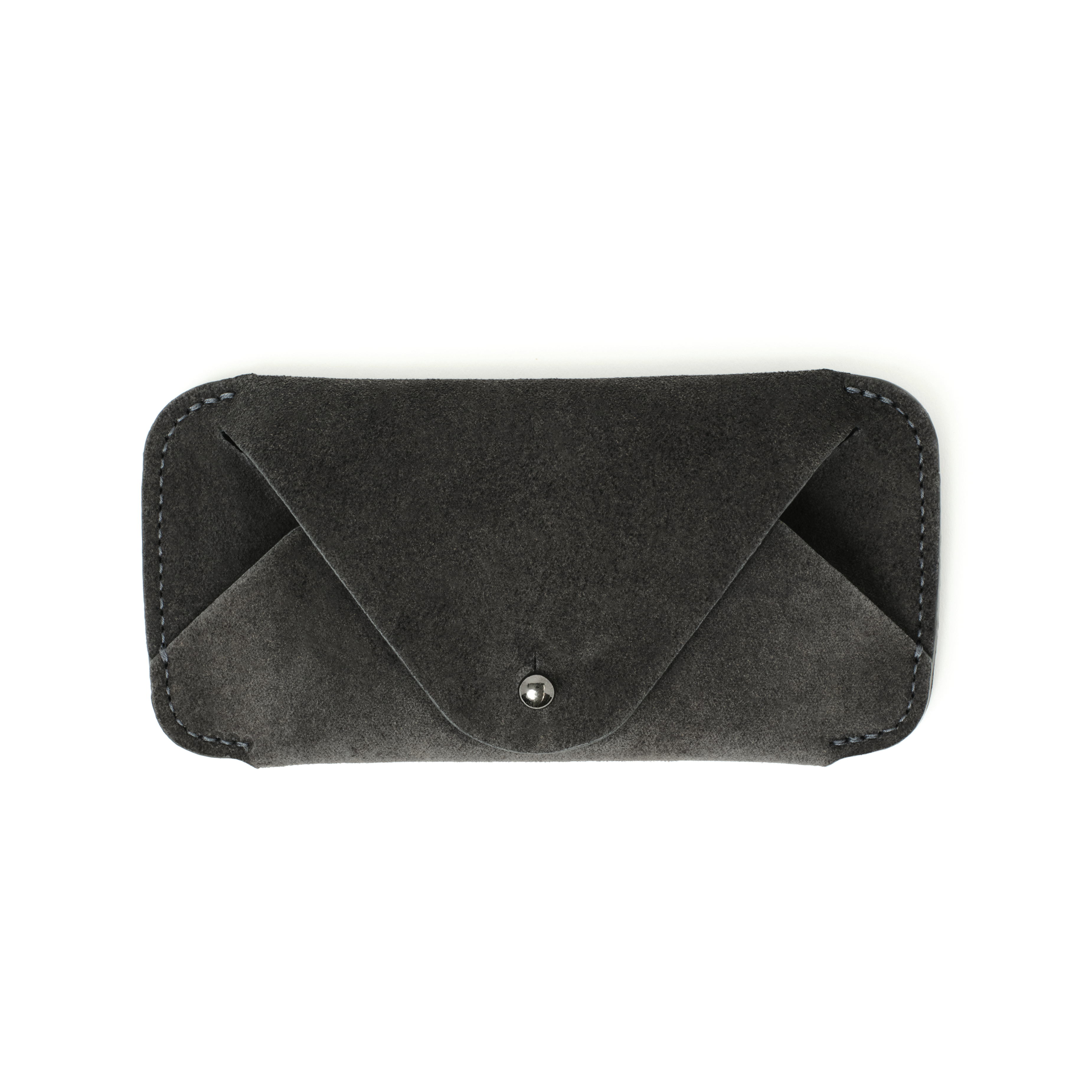 Front view of the MAKR Eyewear Sleeve V2 in Lead Horween suede.
