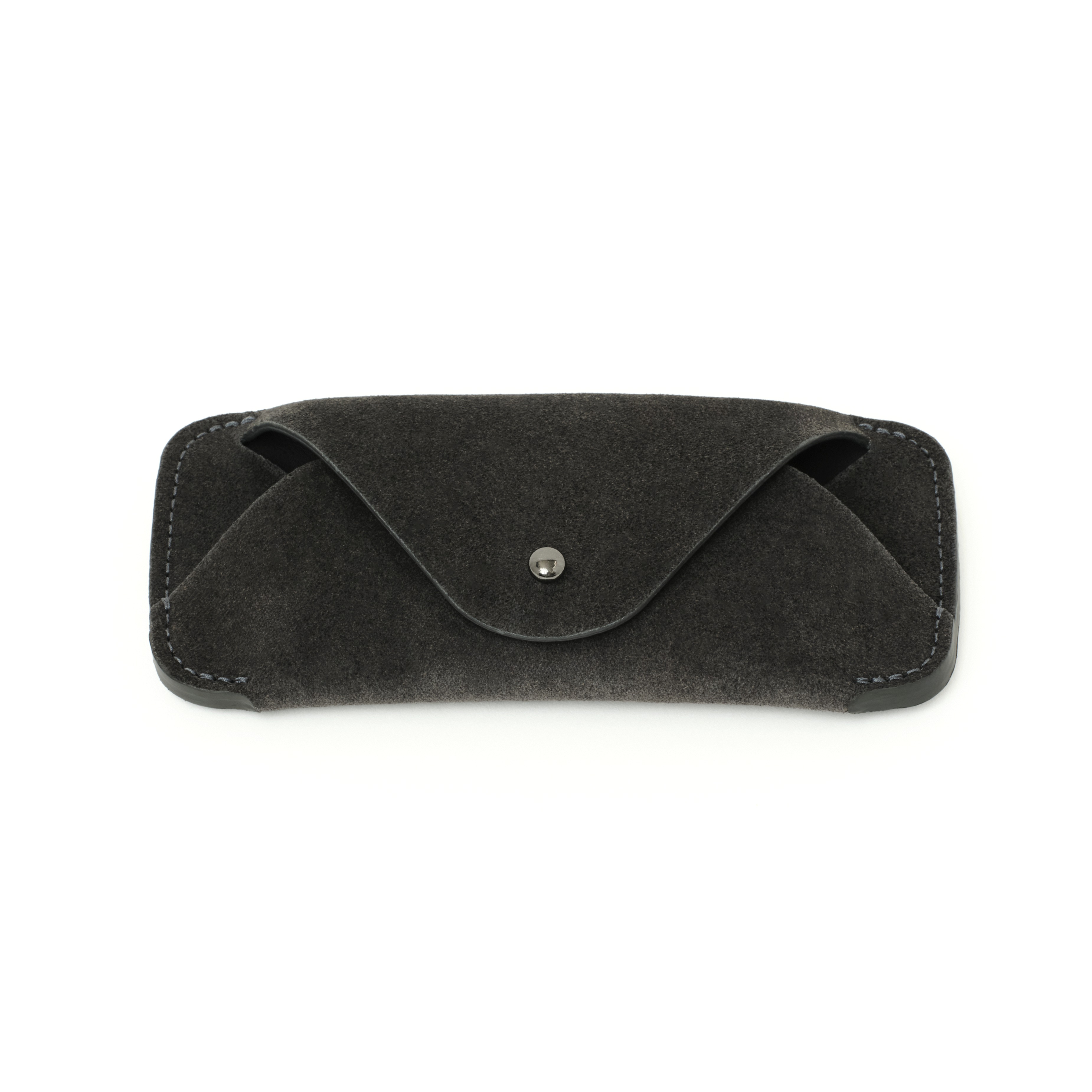 The MAKR Eyewear Sleeve V2 in Lead Horween suede, shown at an angle.