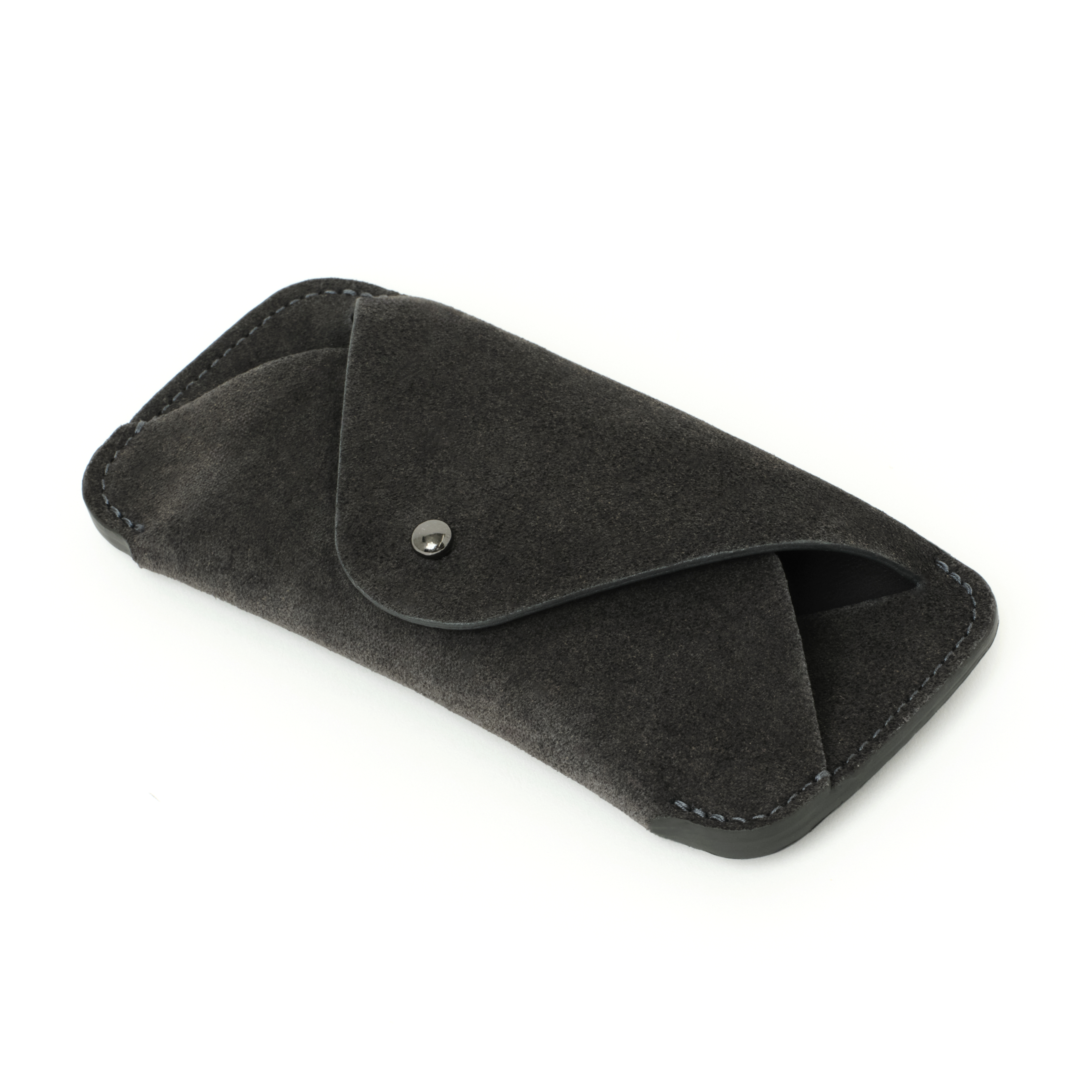 Angled view of the MAKR Eyewear Sleeve V2 in Lead Horween suede.