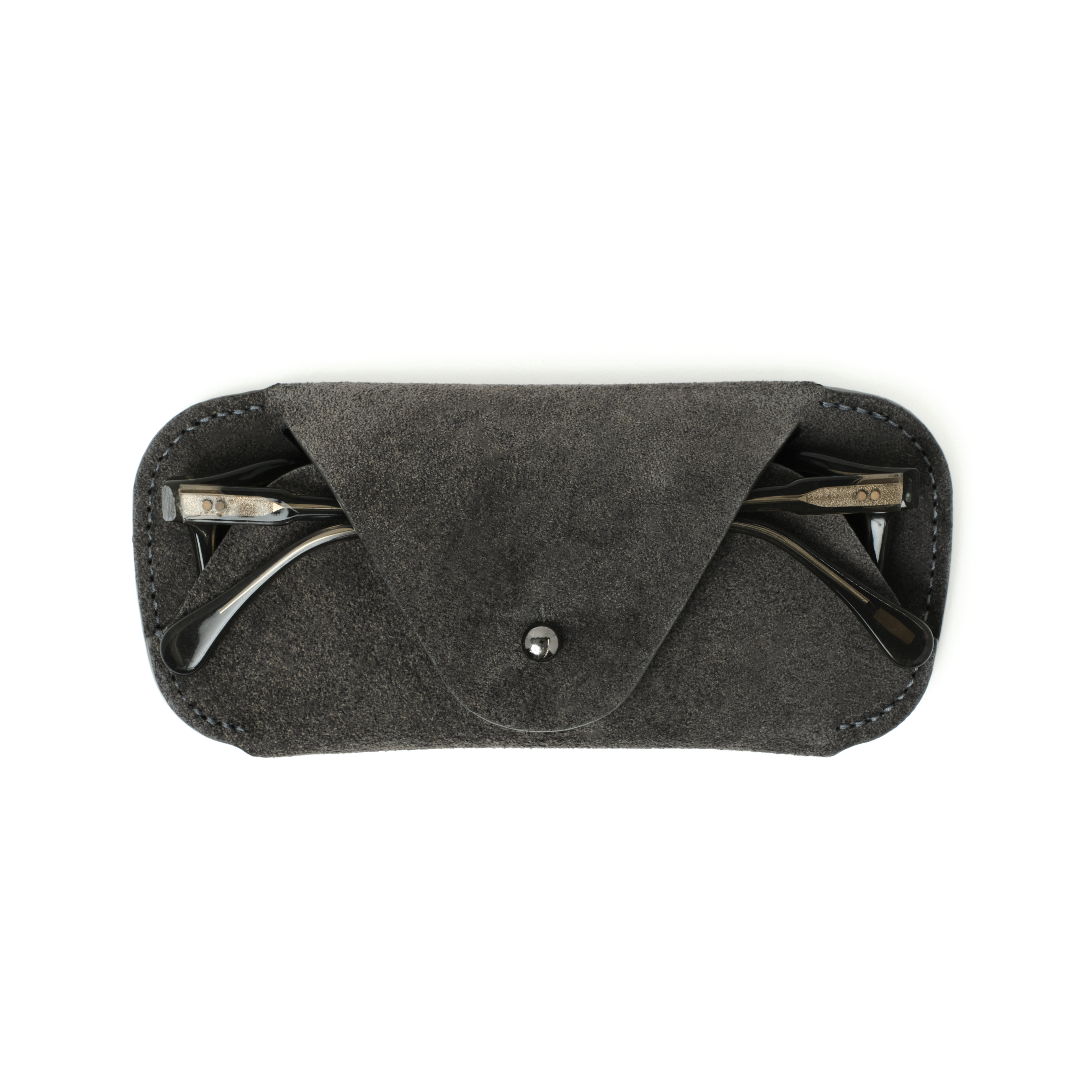 The MAKR Eyewear Sleeve V3 in Lead Horween suede with a pair of glasses inside, front view.