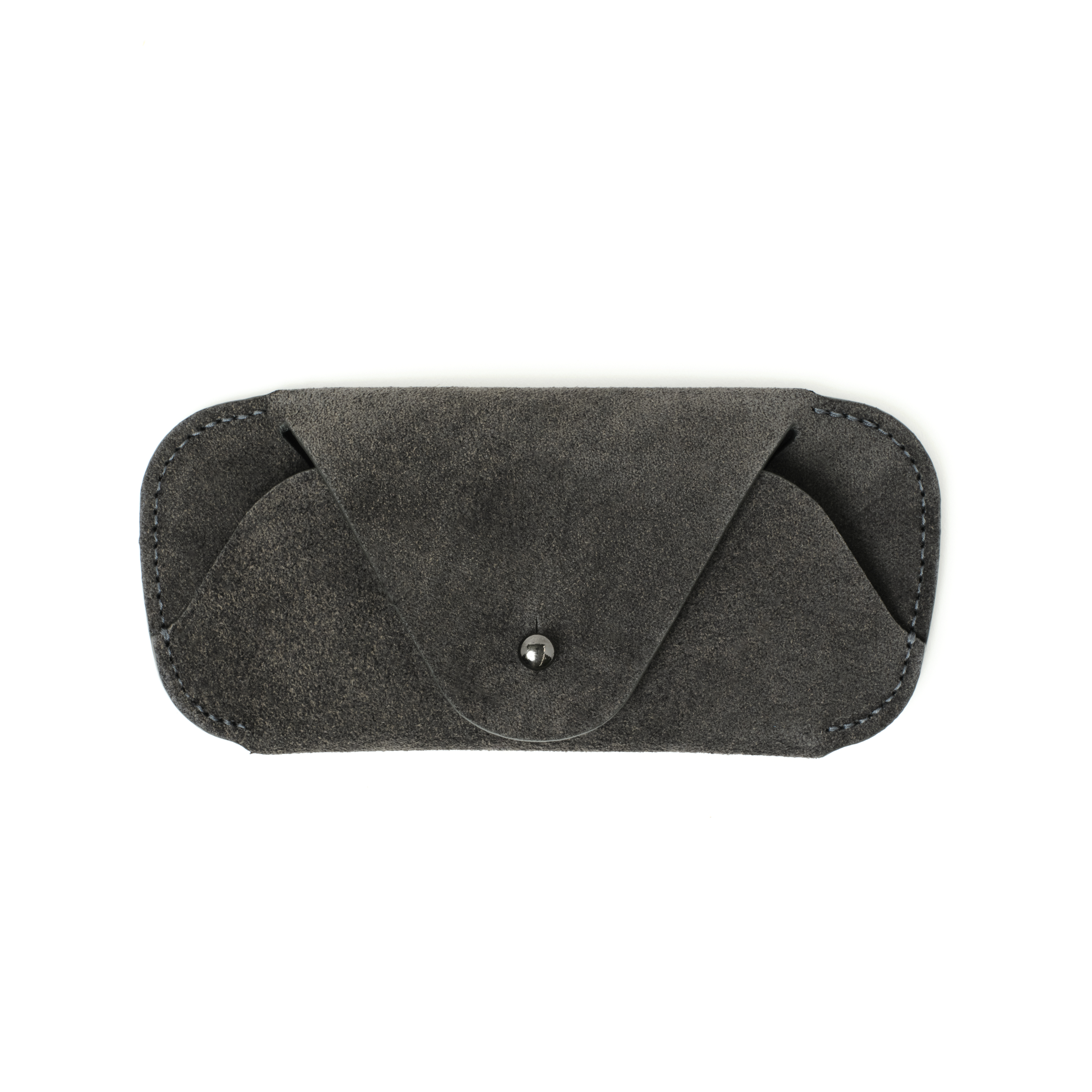 Front view of the MAKR Eyewear Sleeve V3 in Lead Horween suede.