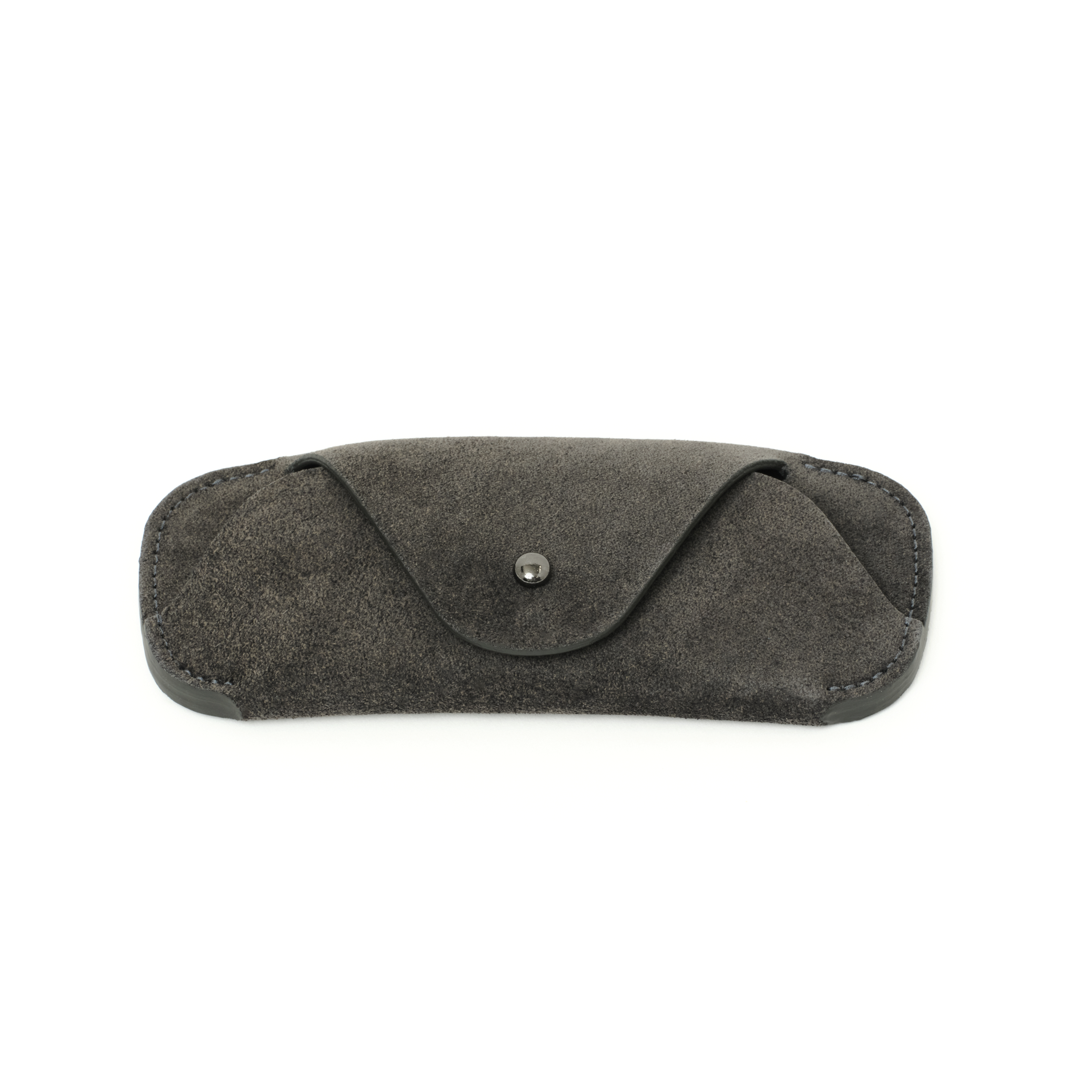 The MAKR Eyewear Sleeve V3 in Lead Horween suede, shown at an angle.