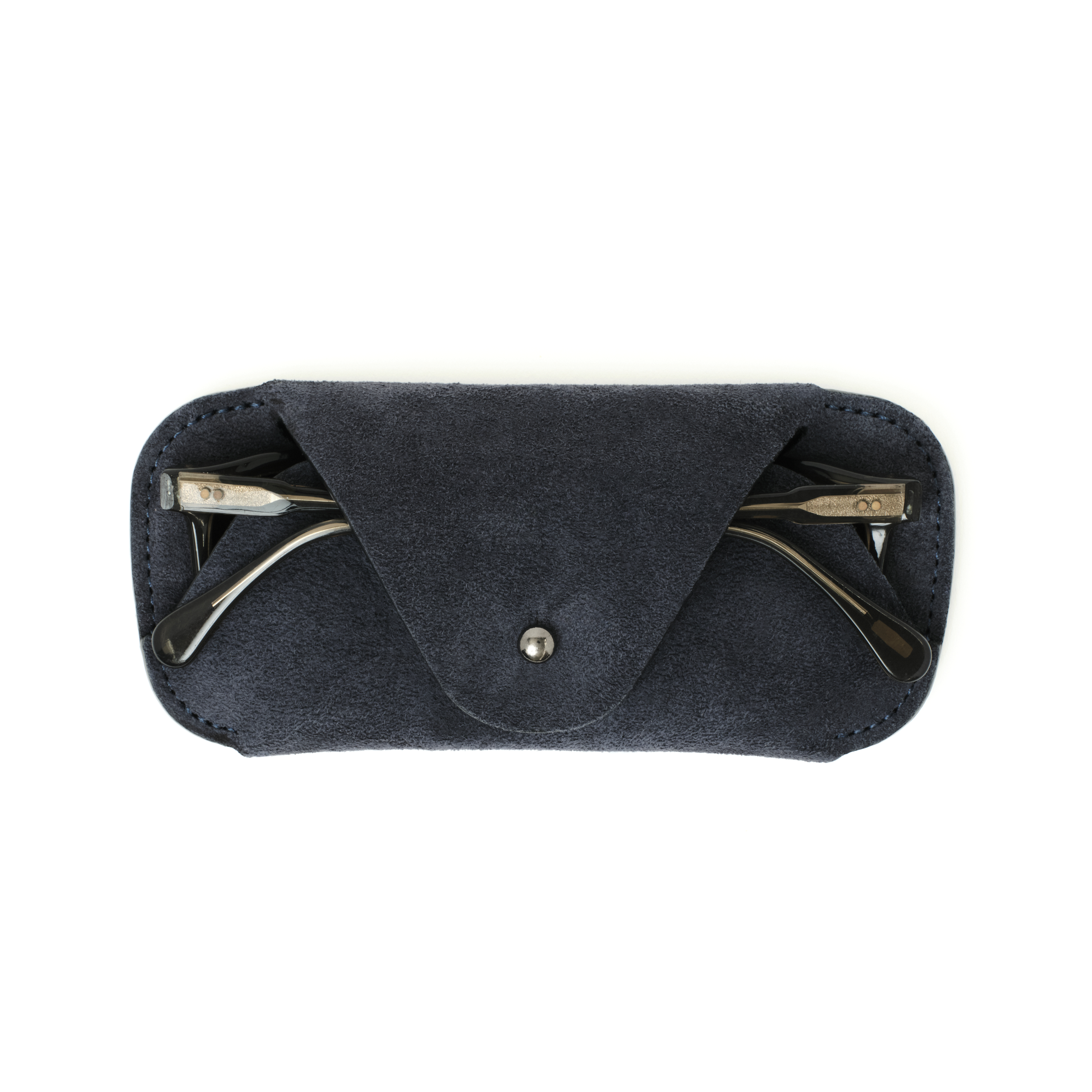 The MAKR Eyewear Sleeve V3 in Navy Horween suede with a pair of glasses inside, front view.