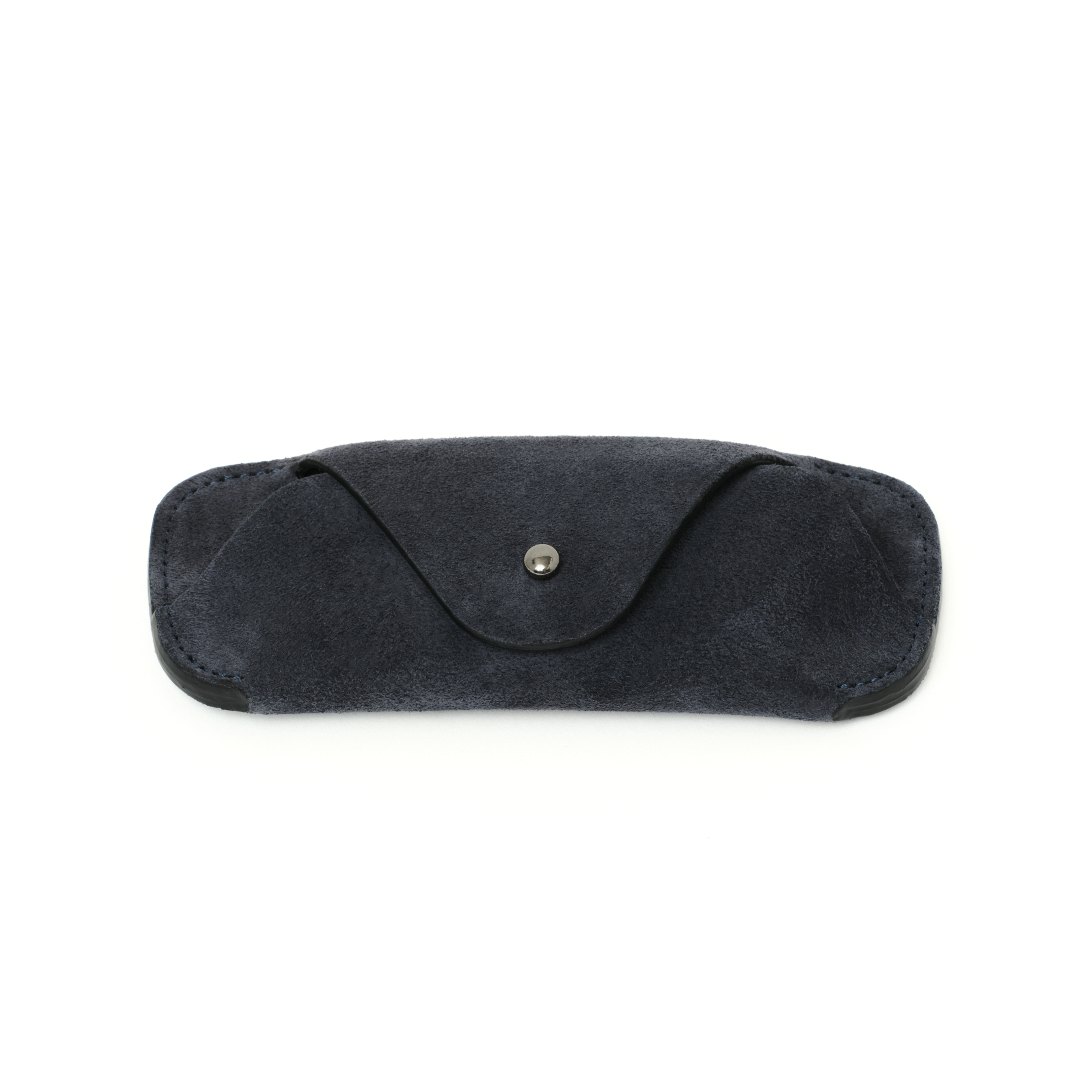 The MAKR Eyewear Sleeve V3 in Navy Horween suede, shown at an angle.