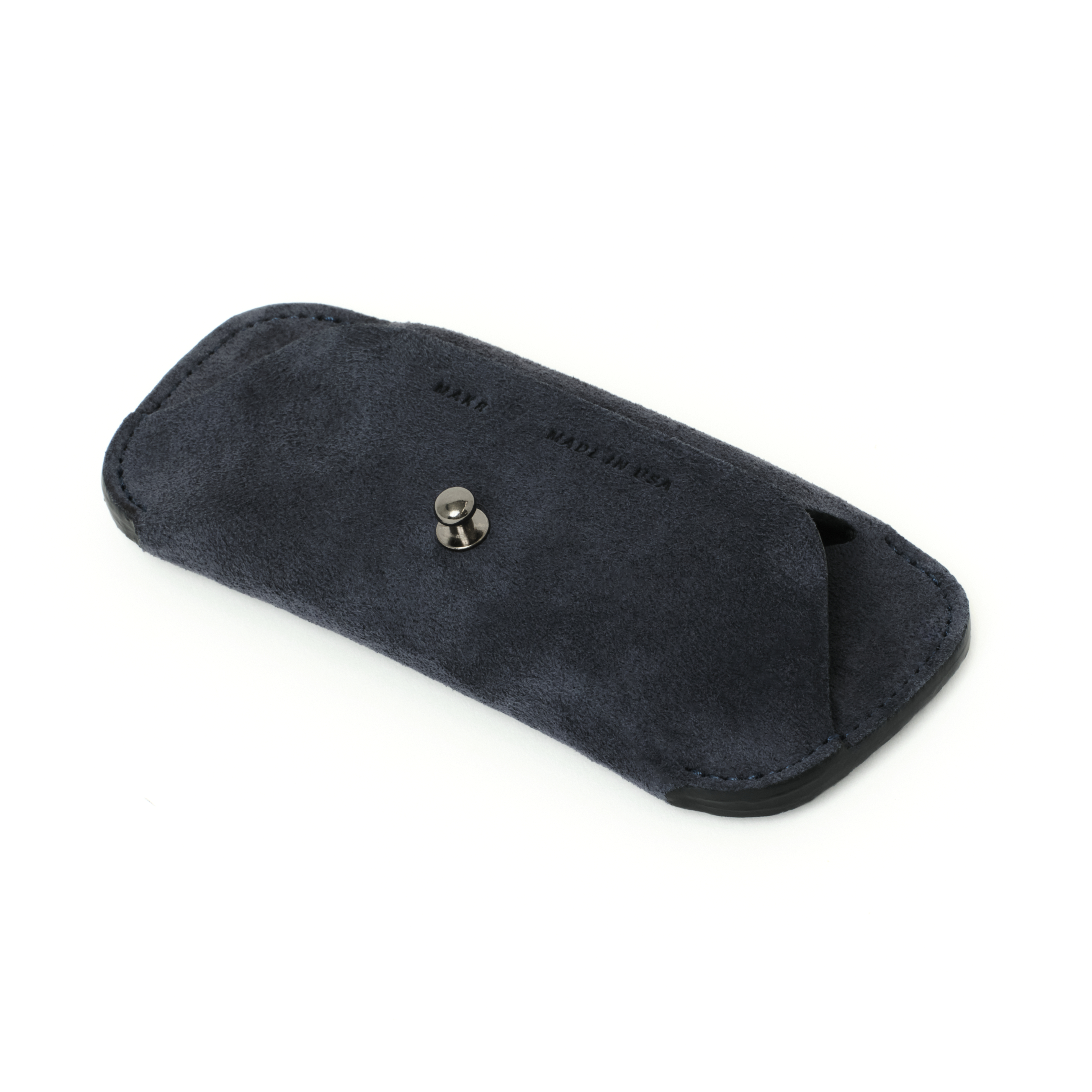 Angled side view of the MAKR Eyewear Sleeve V3 in Navy Horween suede.