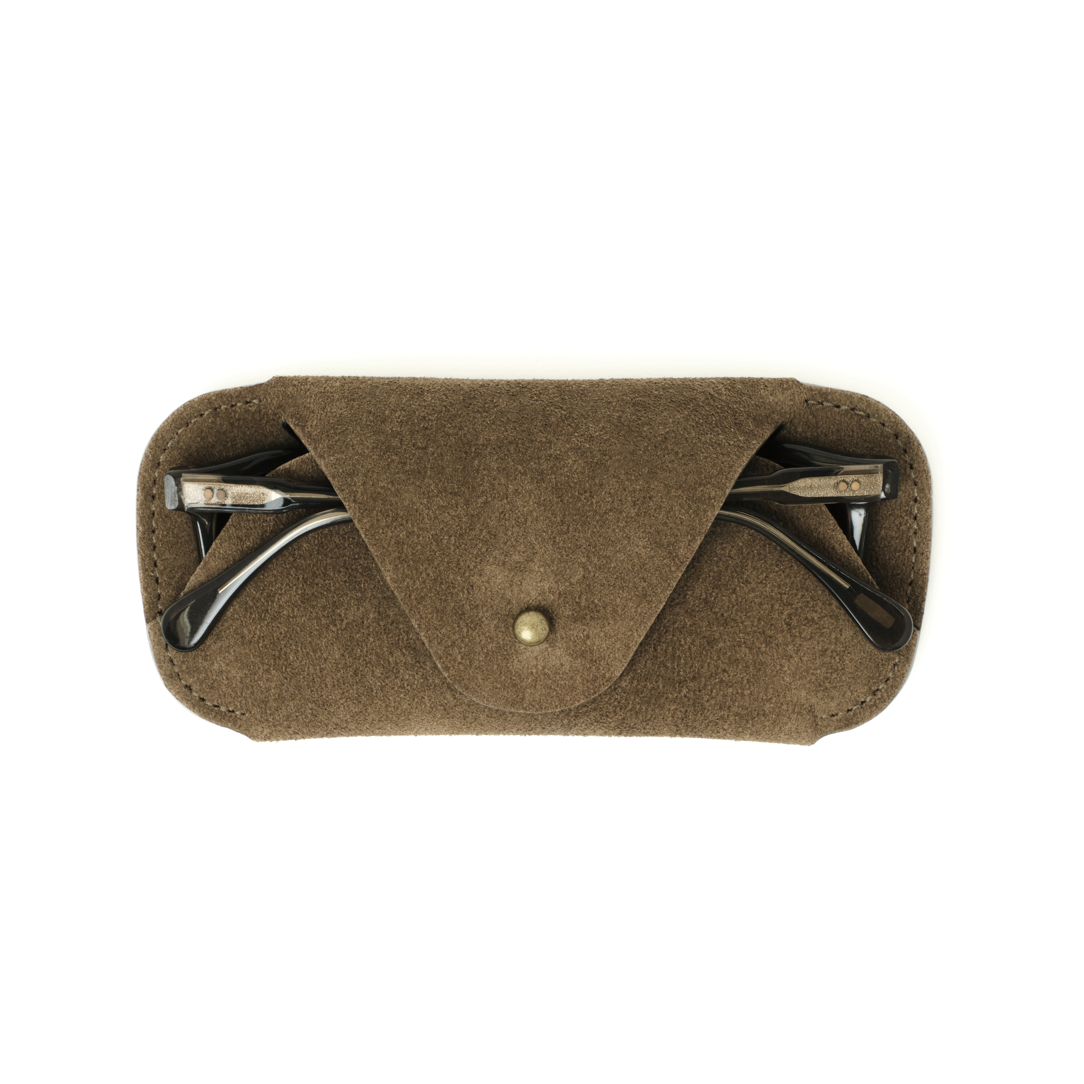 The MAKR Eyewear Sleeve V3 in Shale Horween suede with a pair of glasses inside, front view.