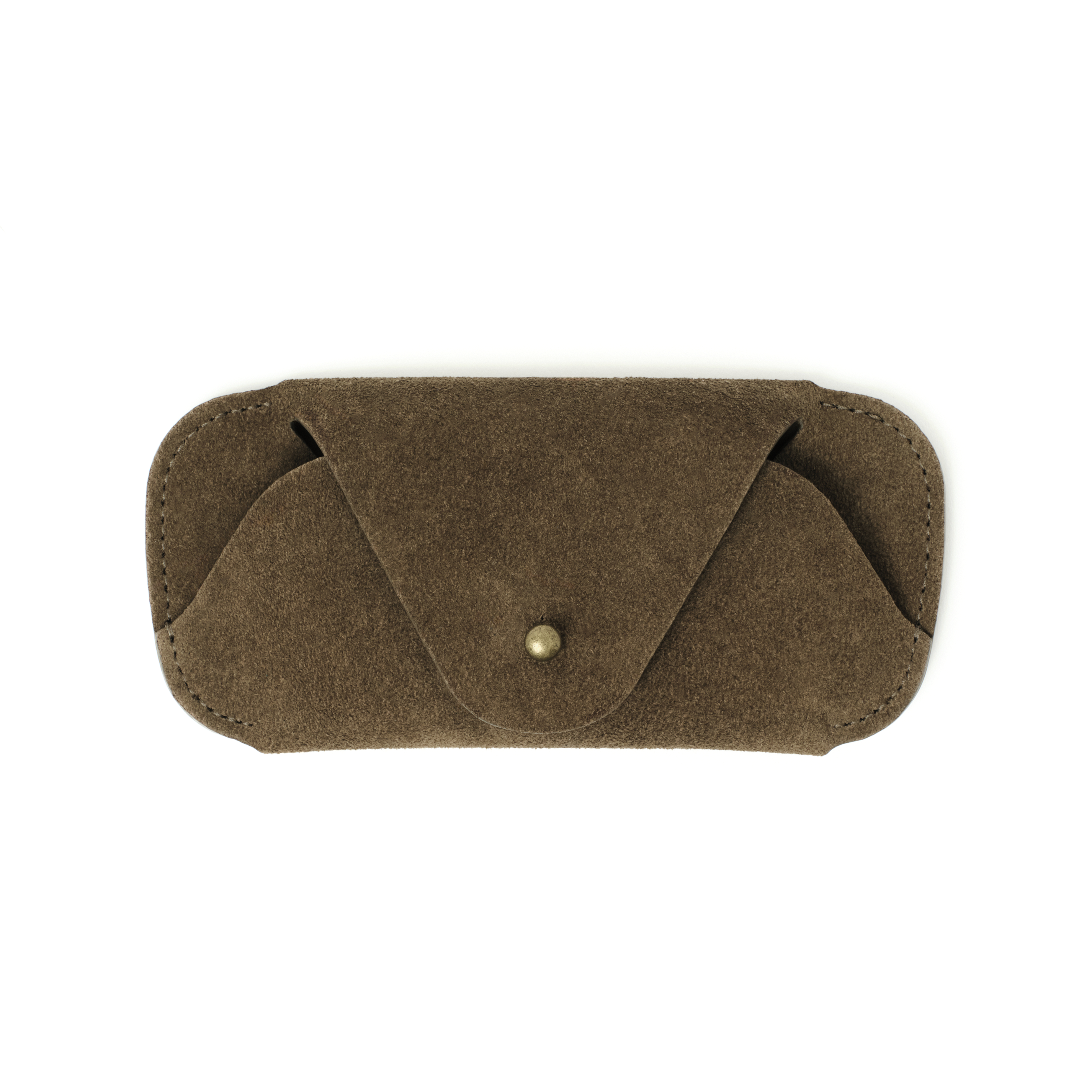 Front view of the MAKR Eyewear Sleeve V3 in Shale Horween suede.