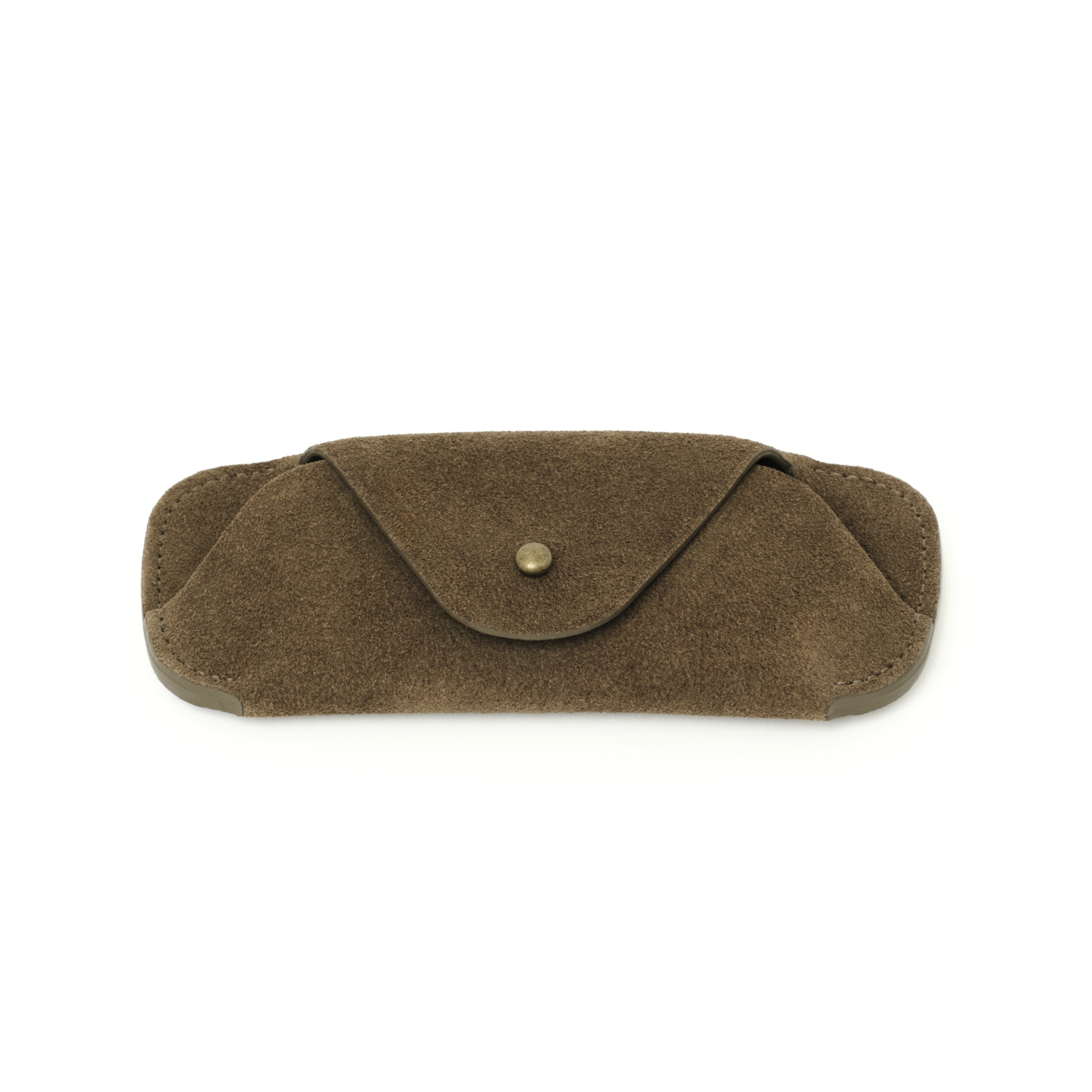 The MAKR Eyewear Sleeve V3 in Shale Horween suede, shown at an angle.