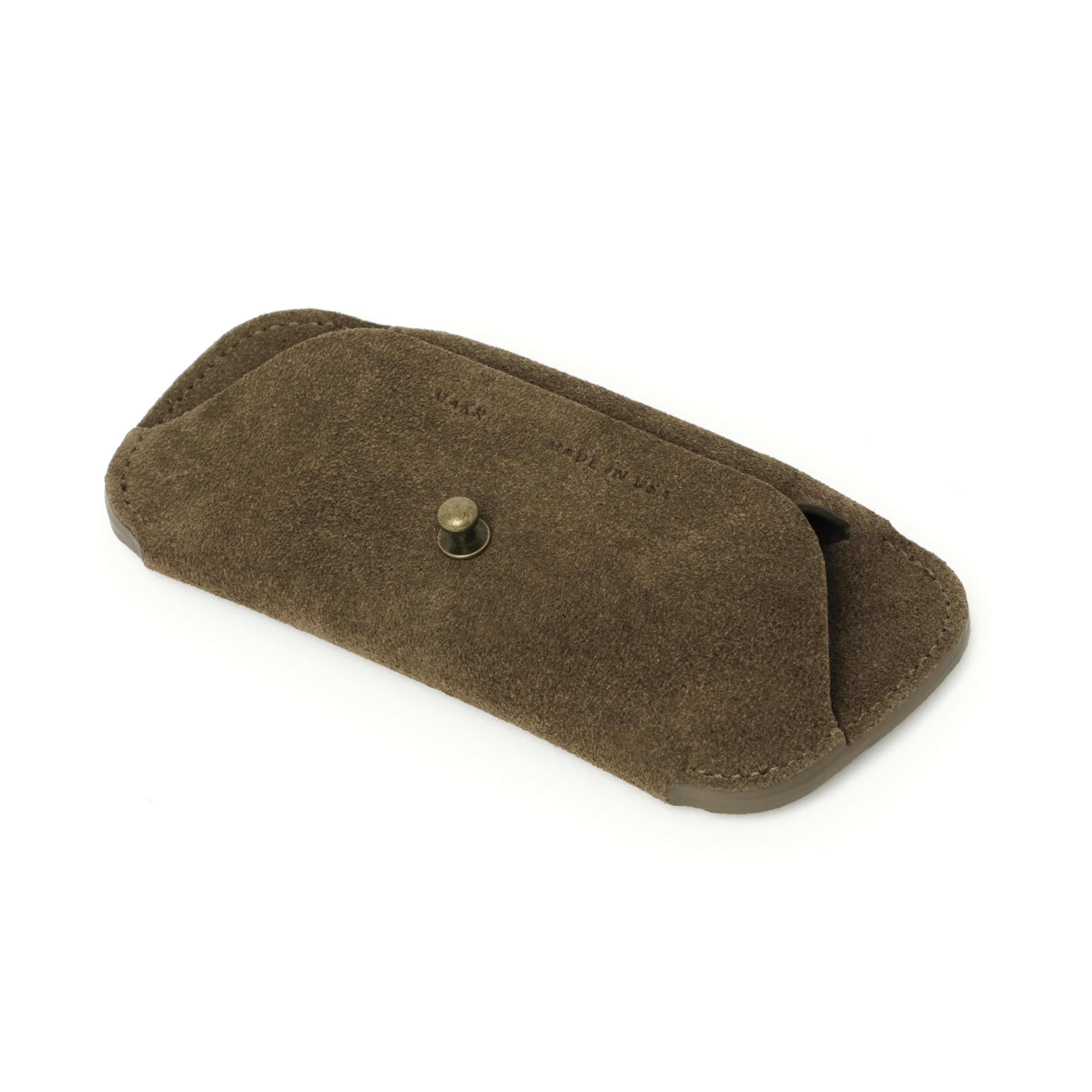 Angled side view of the MAKR Eyewear Sleeve V3 in Shale Horween suede.