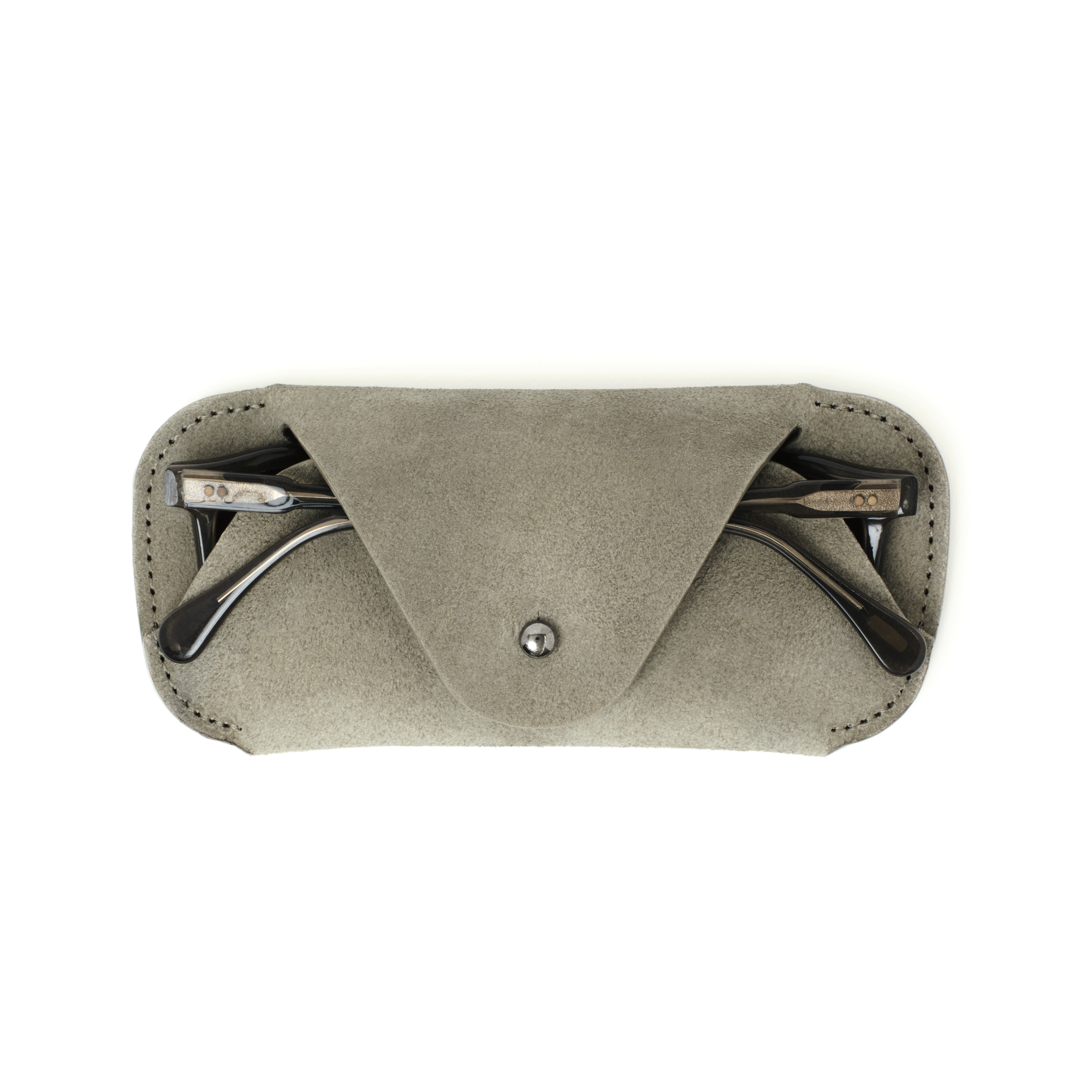 The MAKR Eyewear Sleeve V3 in Stone Horween suede with a pair of glasses inside, front view.