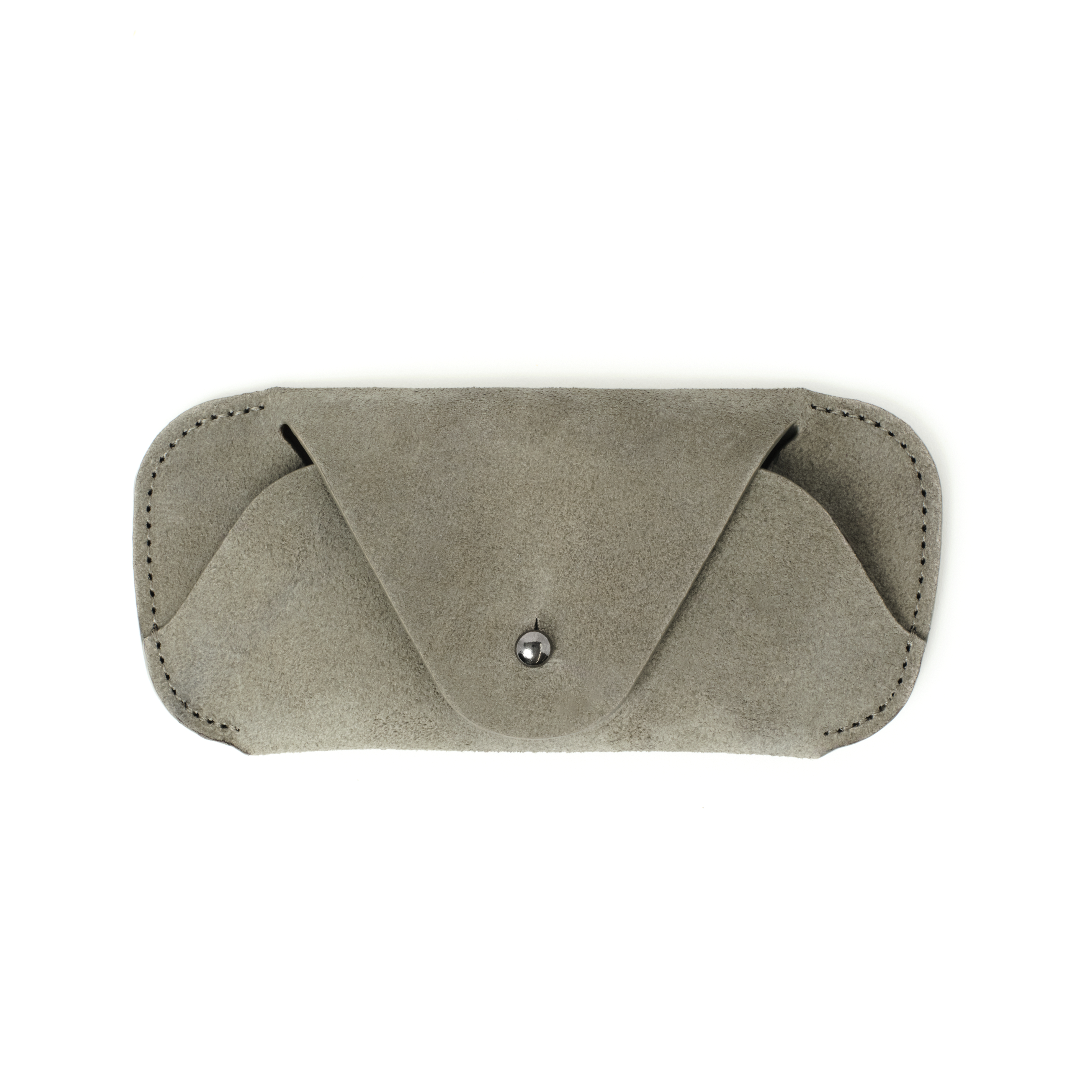 Front view of the MAKR Eyewear Sleeve V3 in Stone Horween suede.
