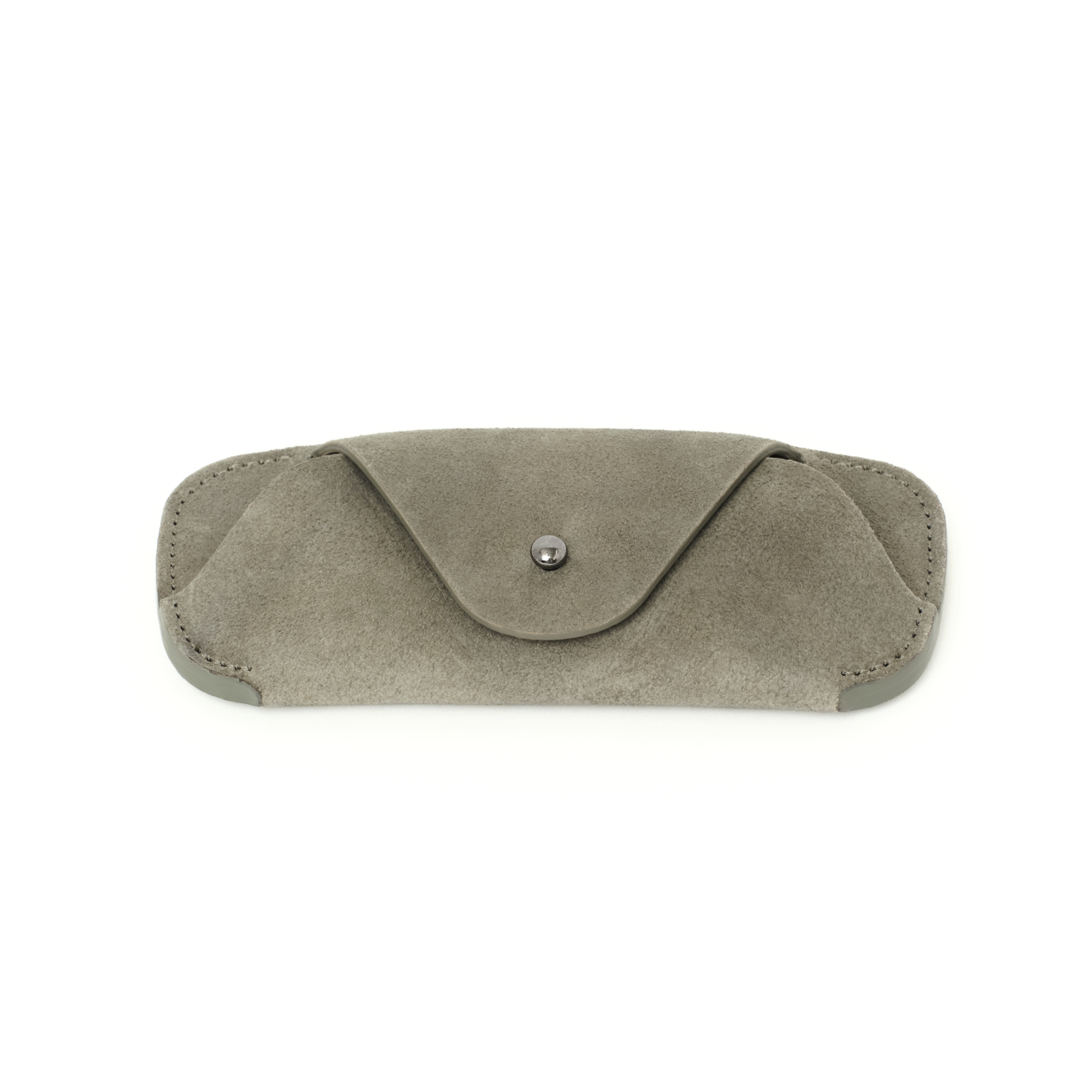 The MAKR Eyewear Sleeve V3 in Stone Horween suede, shown at an angle.