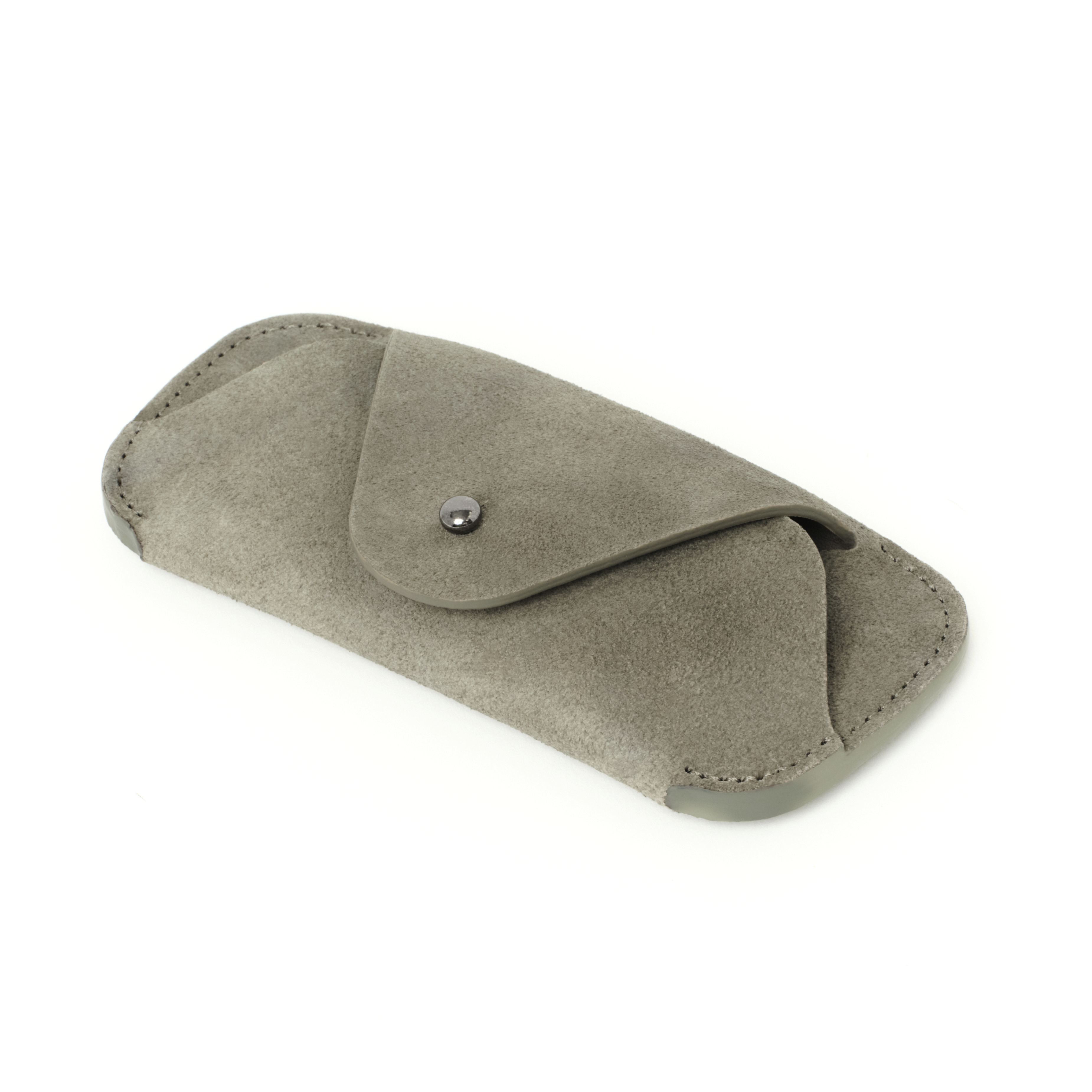 Angled view of the MAKR Eyewear Sleeve V3 in Stone Horween suede.