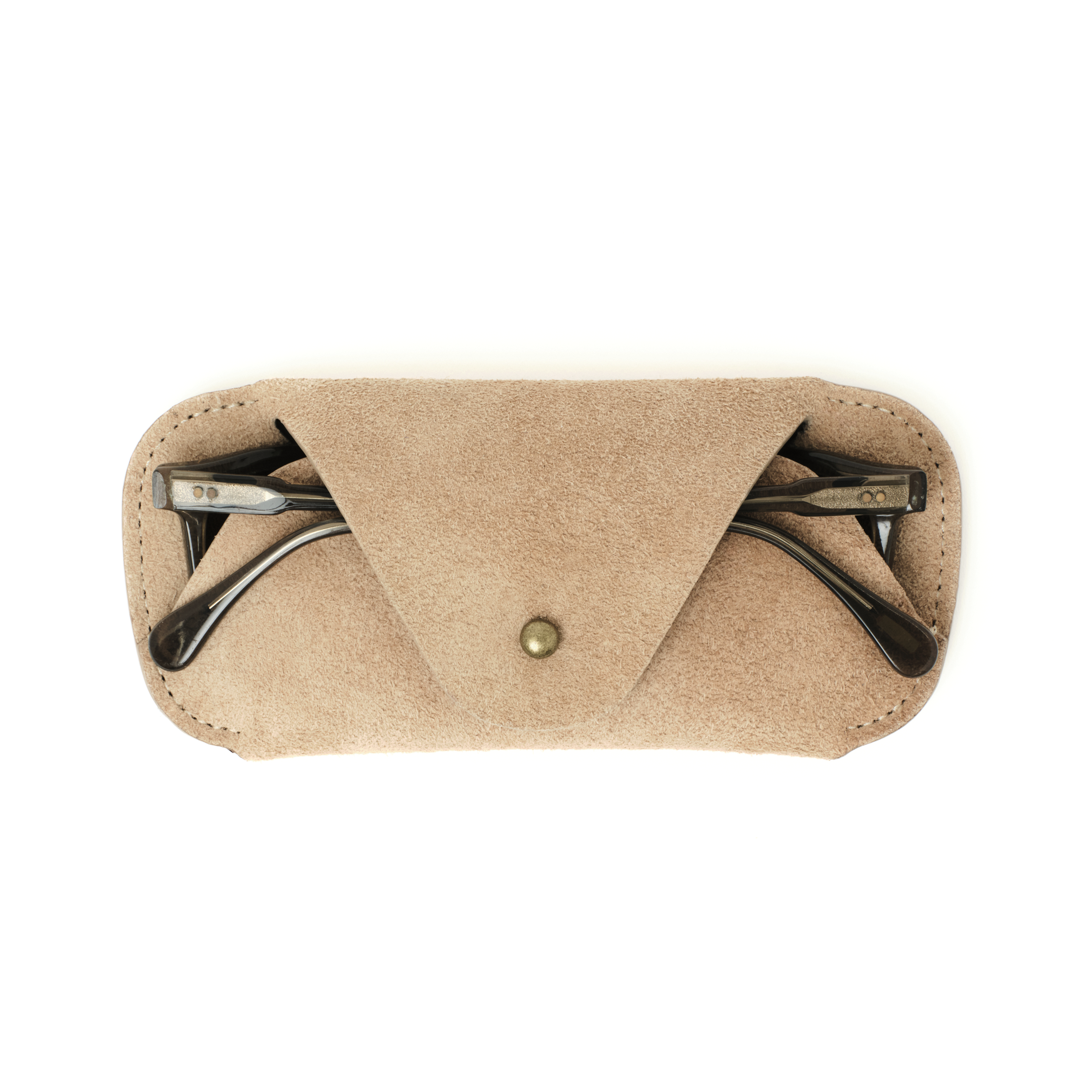The MAKR Eyewear Sleeve V3 in Khaki Horween suede with a pair of glasses inside, front view.