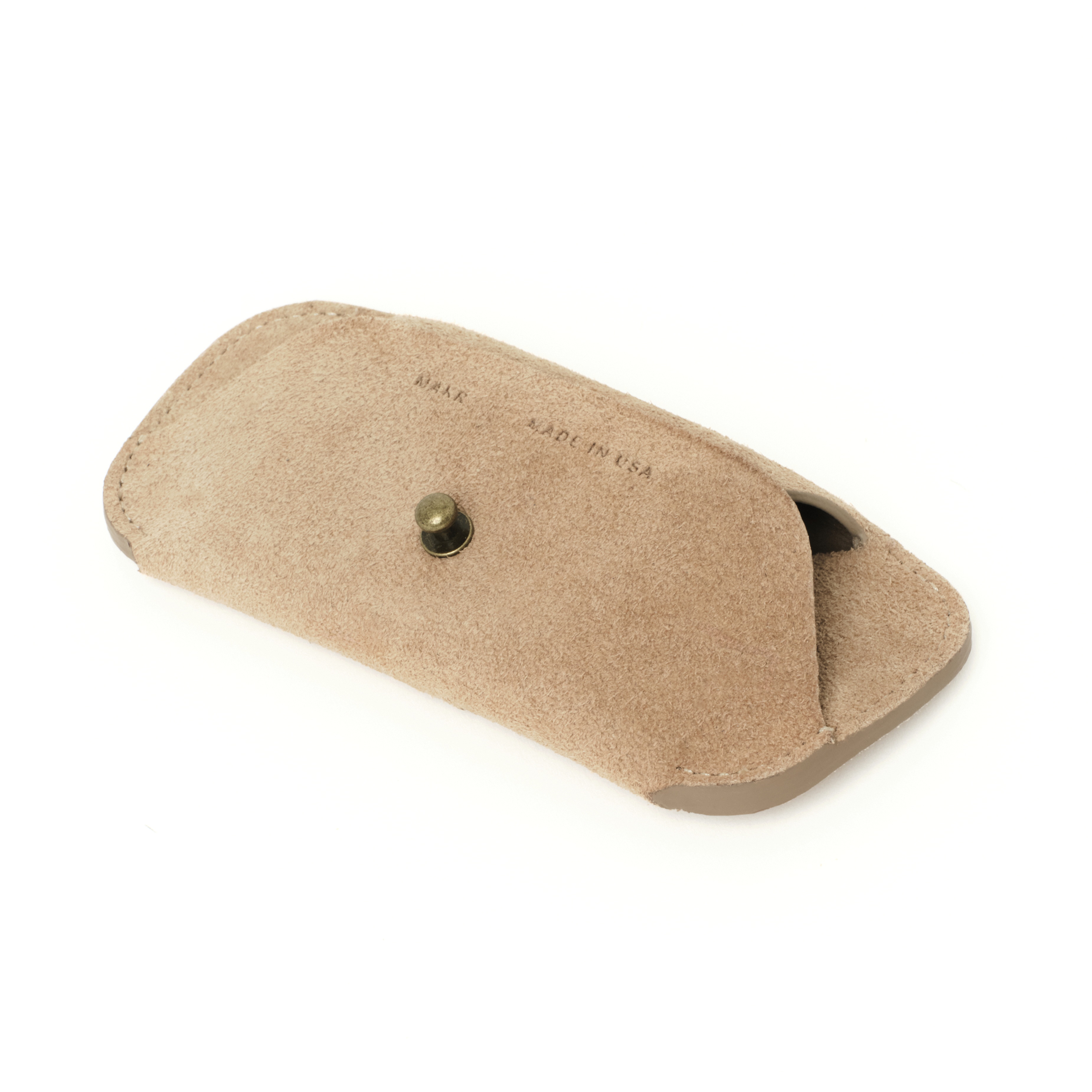 Angled side view of the MAKR Eyewear Sleeve V3 in Khaki Horween suede.