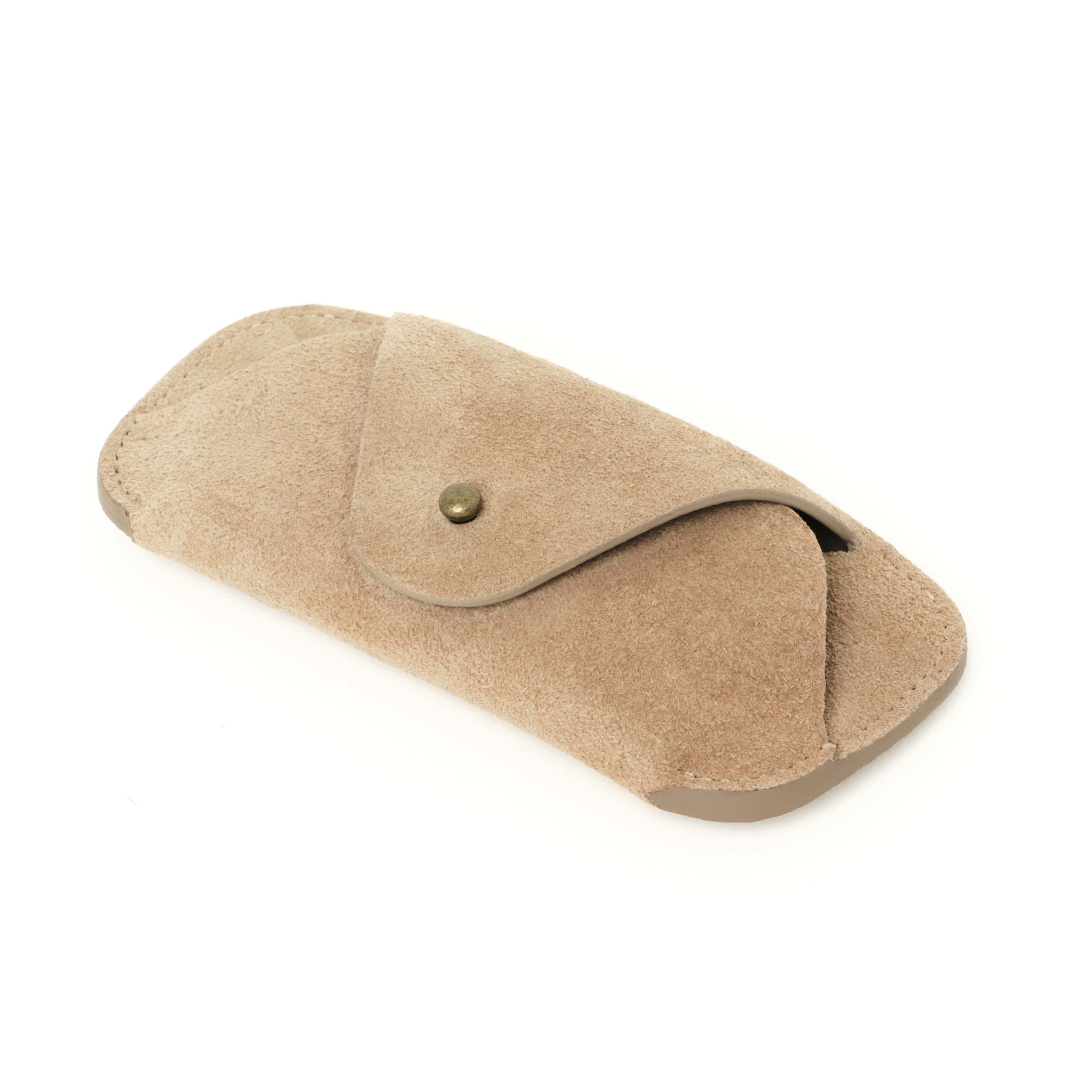 Angled view of the MAKR Eyewear Sleeve V3 in Khaki Horween suede.