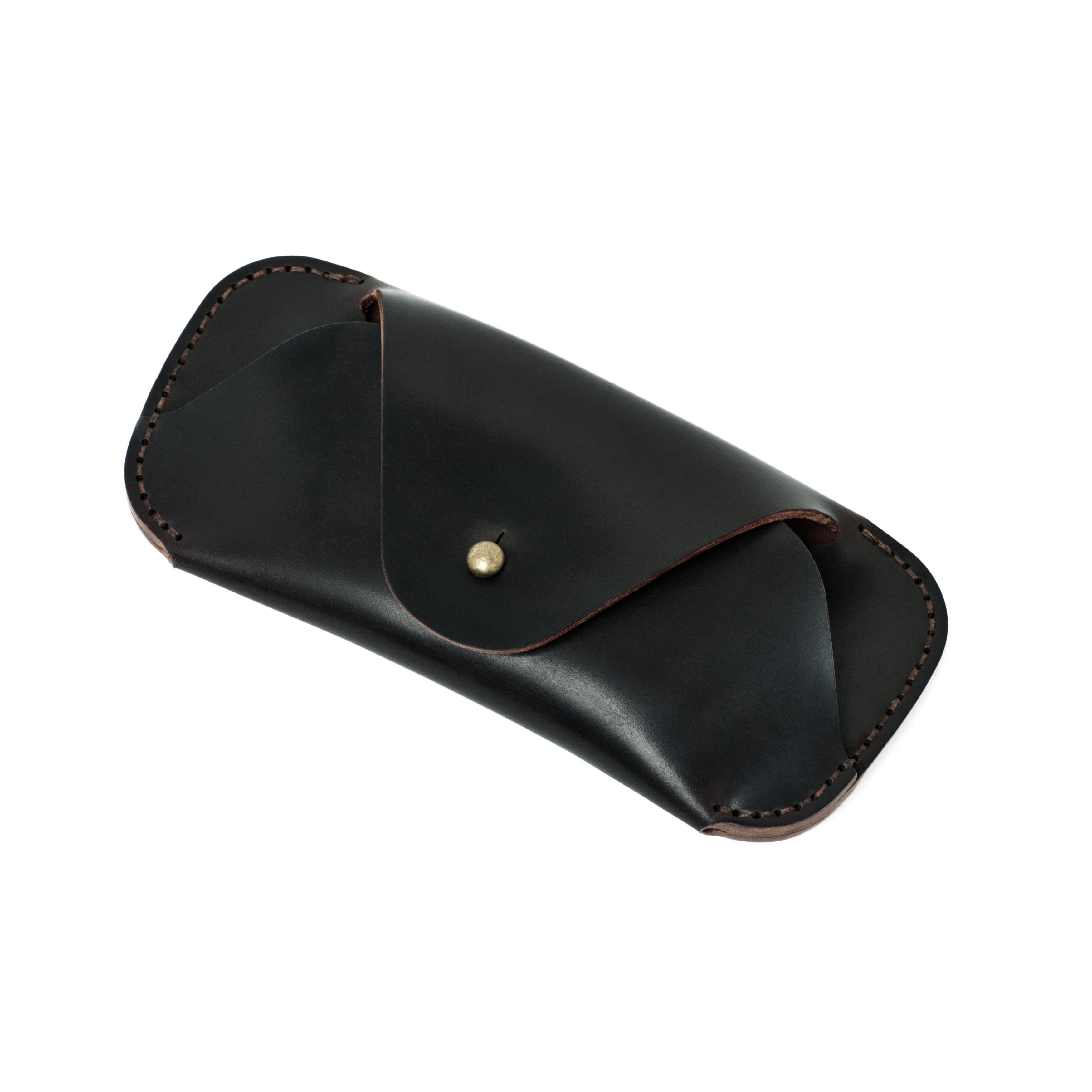 The MAKR Cordovan Eyewear Sleeve V3 HS in Black Horween Shell Cordovan, shown at an angle.