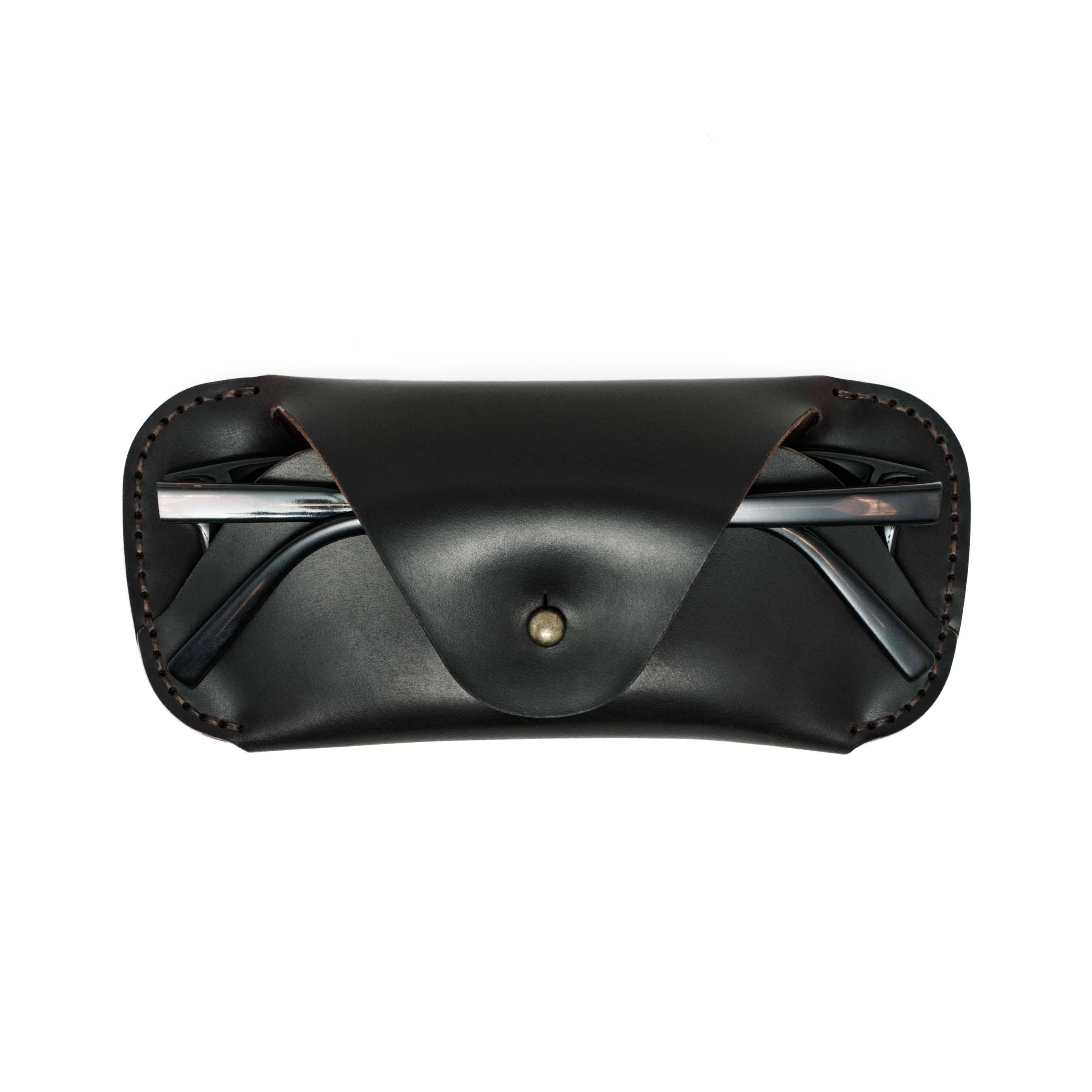 The MAKR Cordovan Eyewear Sleeve V3 HS in Black Horween Shell Cordovan with a pair of glasses inside, front view.