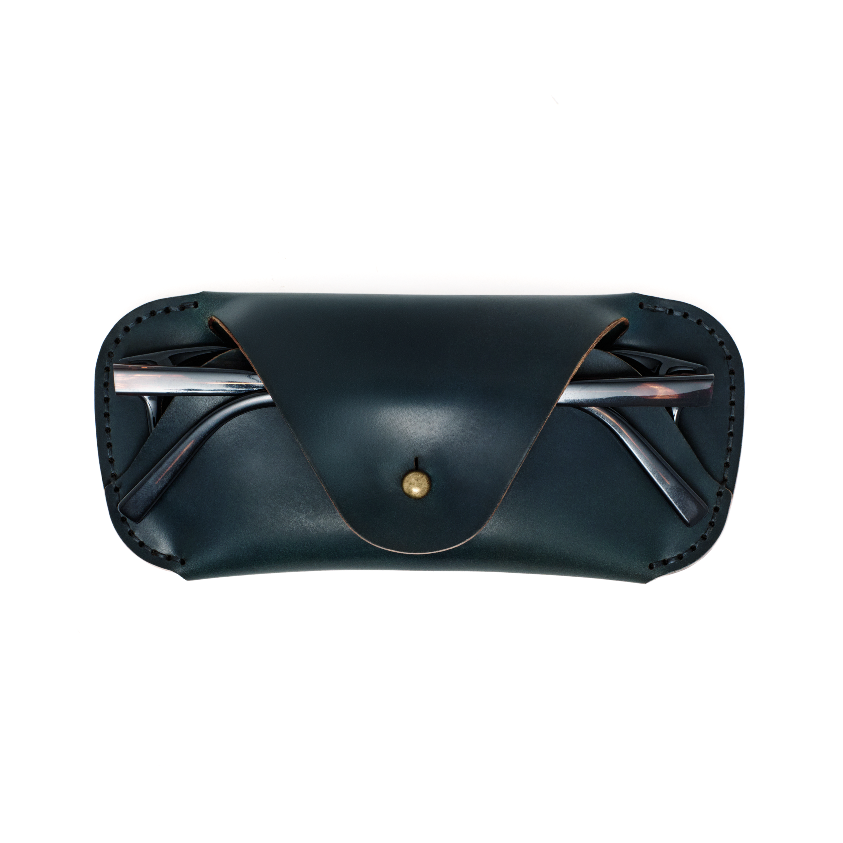 The MAKR Cordovan Eyewear Sleeve V3 HS in Navy Horween Shell Cordovan with a pair of glasses inside, front view.