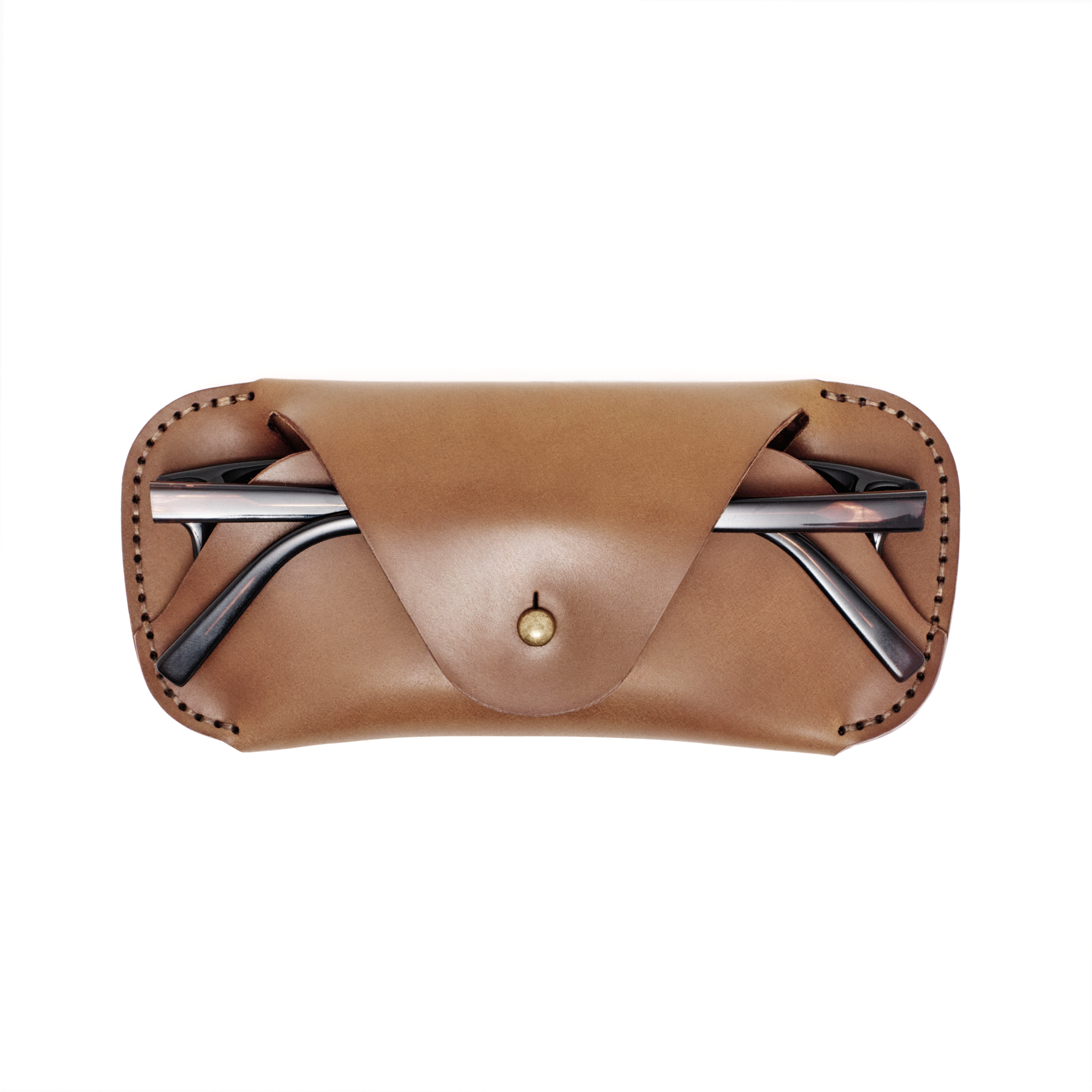 The MAKR Cordovan Eyewear Sleeve V3 HS in Natural Horween Shell Cordovan with a pair of glasses inside, front view.