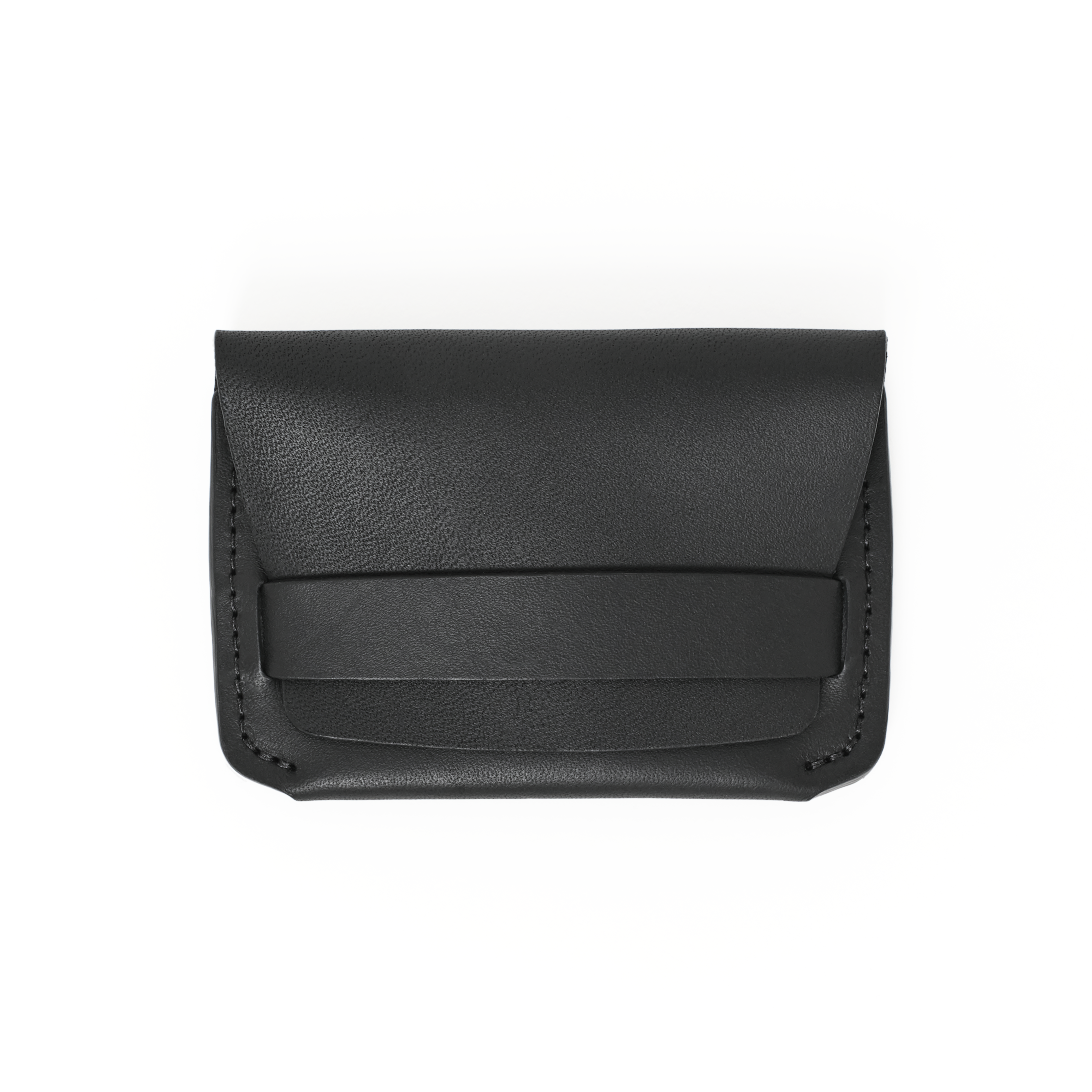Front view of the MAKR Flap Wallet PLUS V2 in Black Horween Latigo leather.