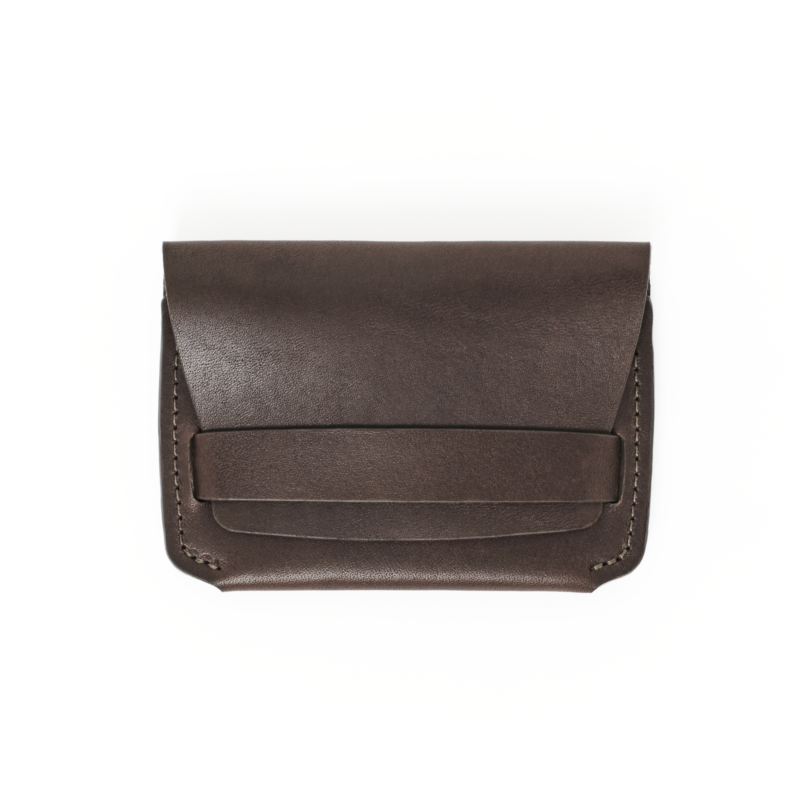 Front view of the MAKR Flap Wallet PLUS V2 in Brown Horween Latigo leather.