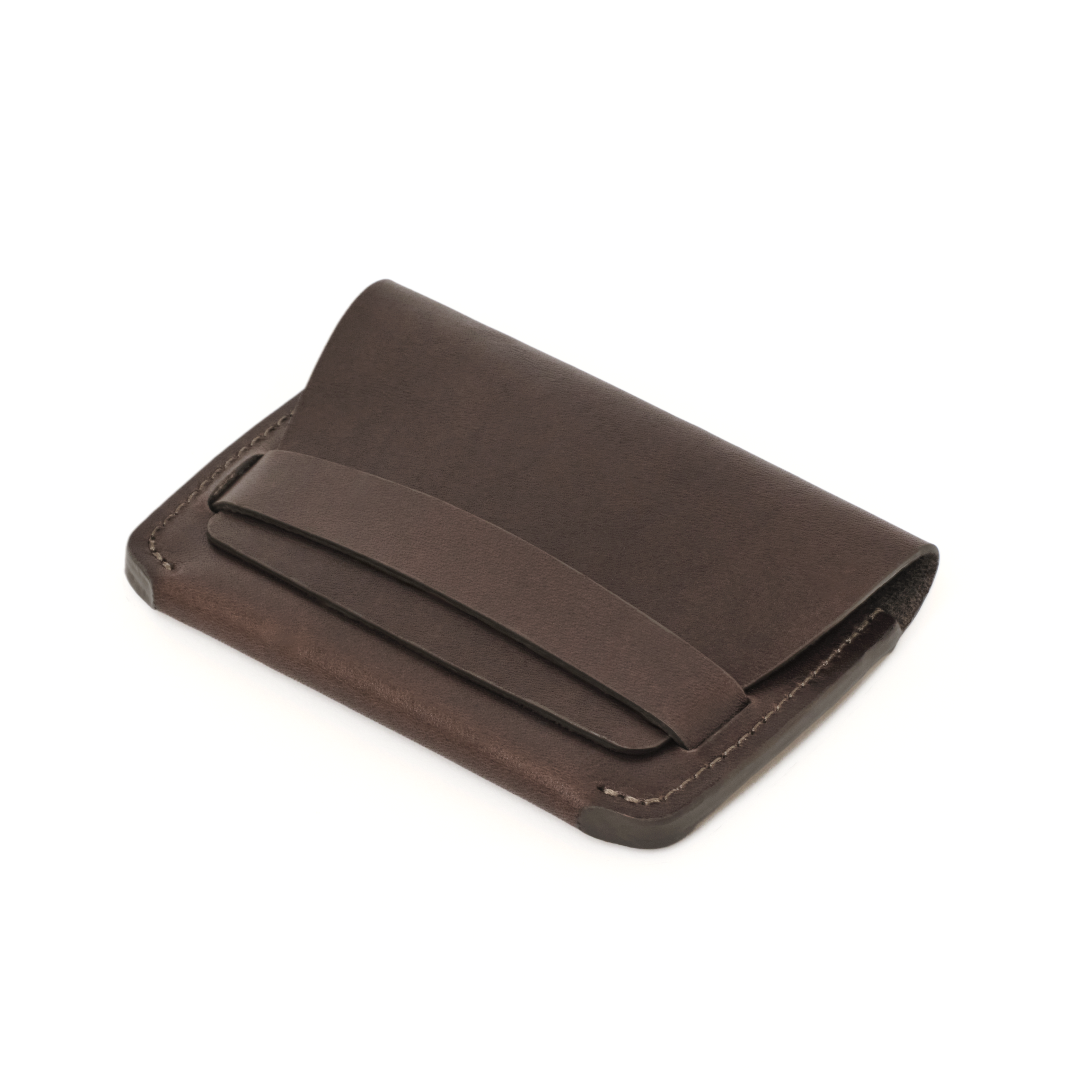 The MAKR Flap Wallet PLUS V2 in Brown Horween Latigo leather, shown at an angle.