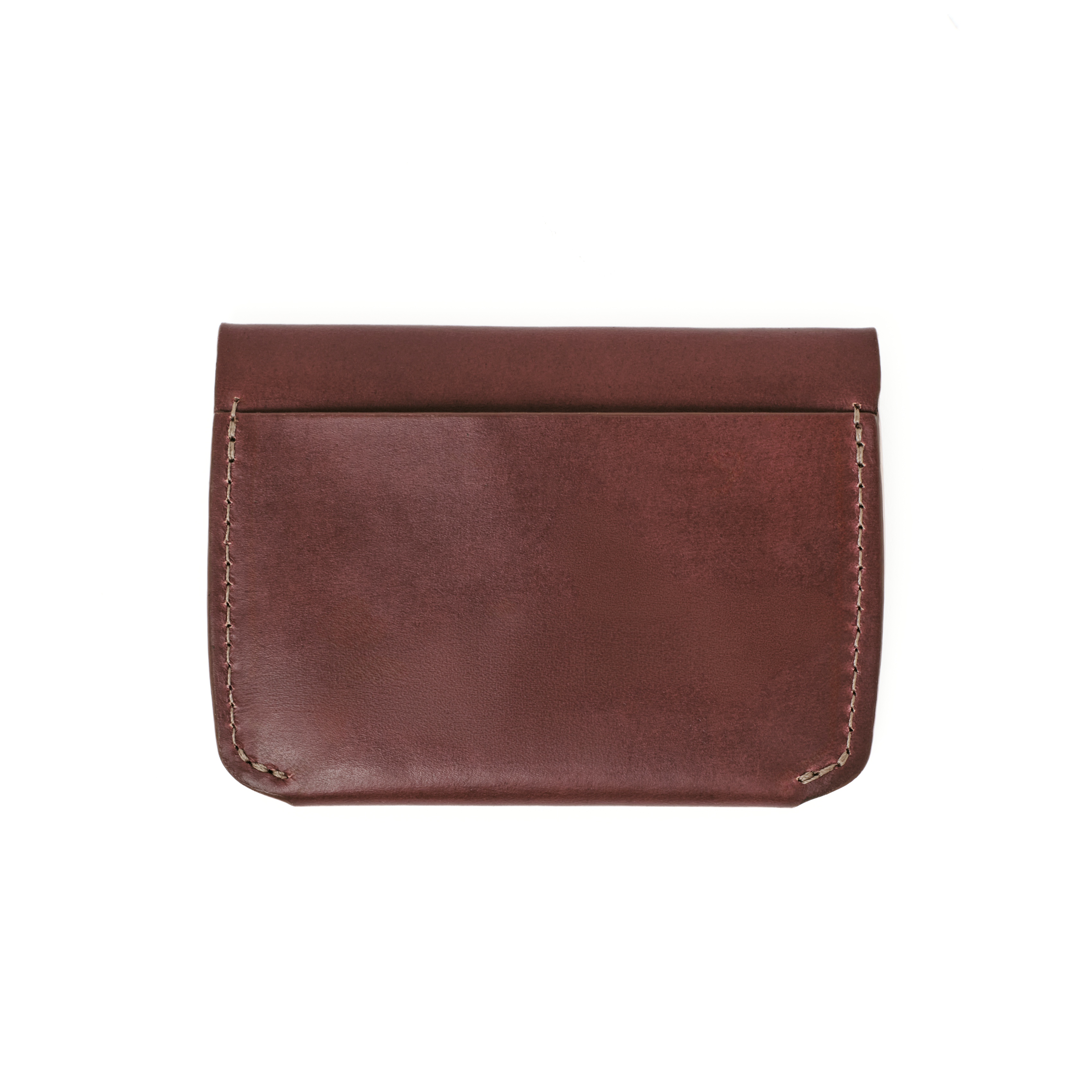 Back of the MAKR Flap Wallet PLUS V2 in Ox Blood Horween Chromexcel leather.