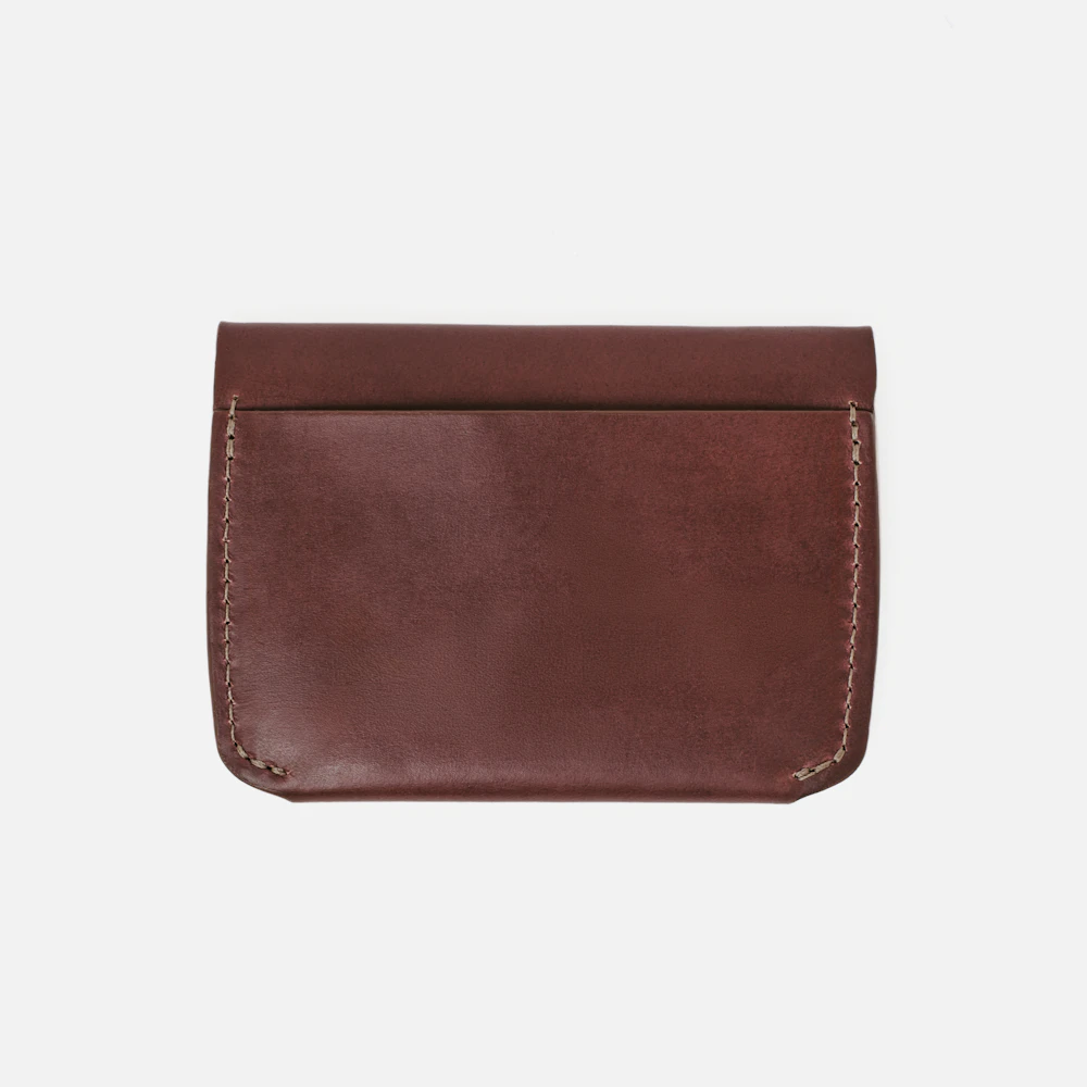 Back of the MAKR Flap Wallet PLUS V2 in Ox Blood Horween Chromexcel leather.
