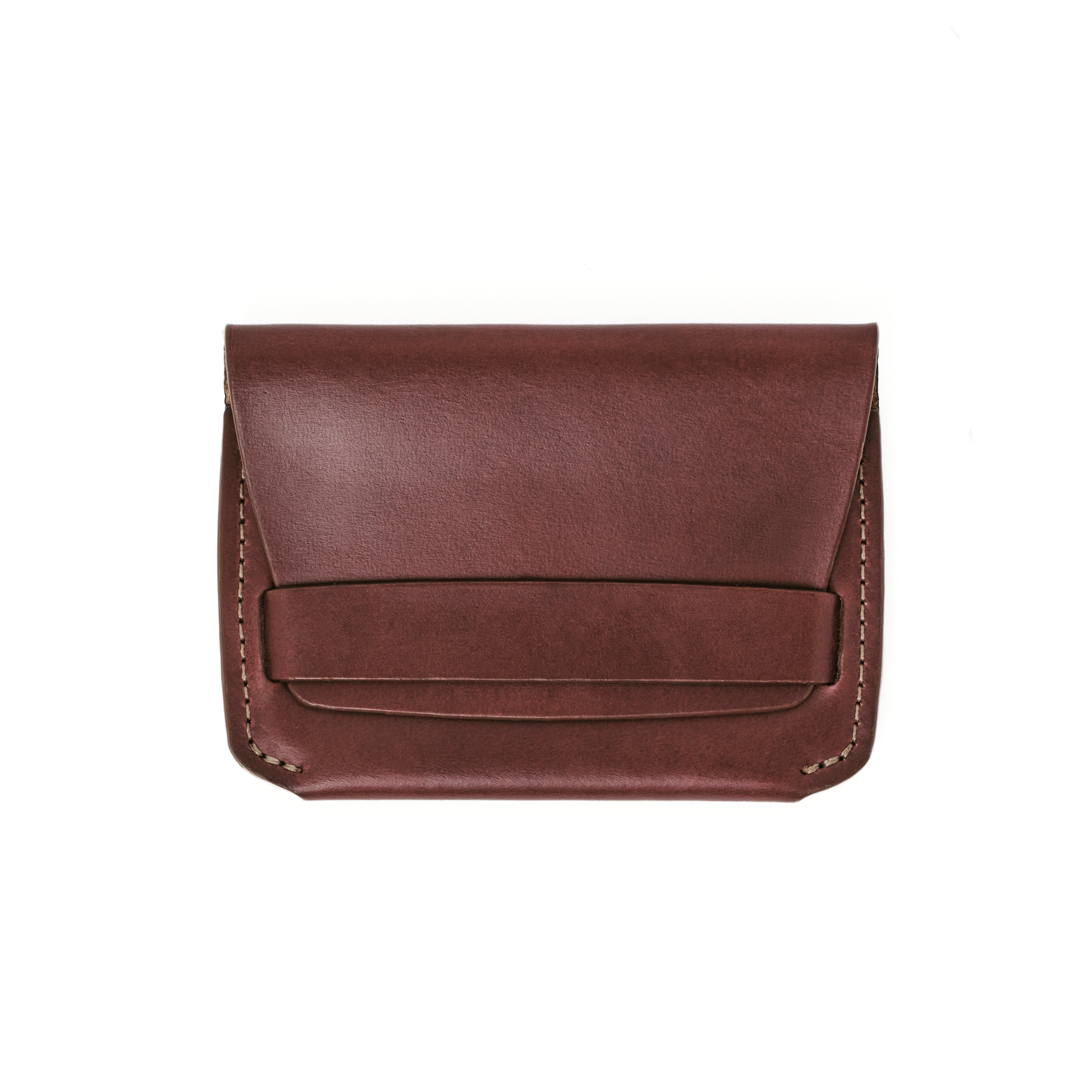 Front view of the MAKR Flap Wallet PLUS V2 in Ox Blood Horween Chromexcel leather.