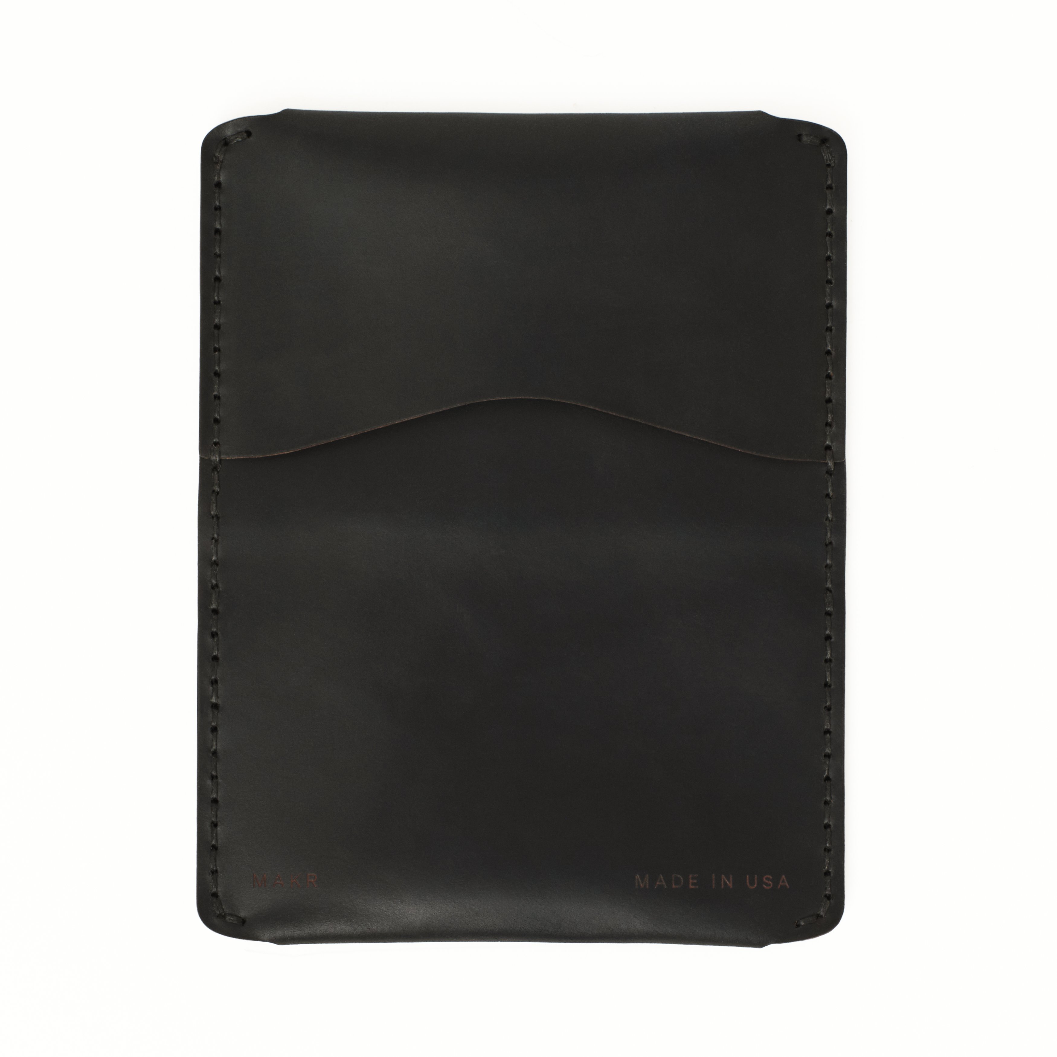 Outside of the MAKR Horizon Three V2 (HS) in Black Horween Shell Cordovan, opened flat.