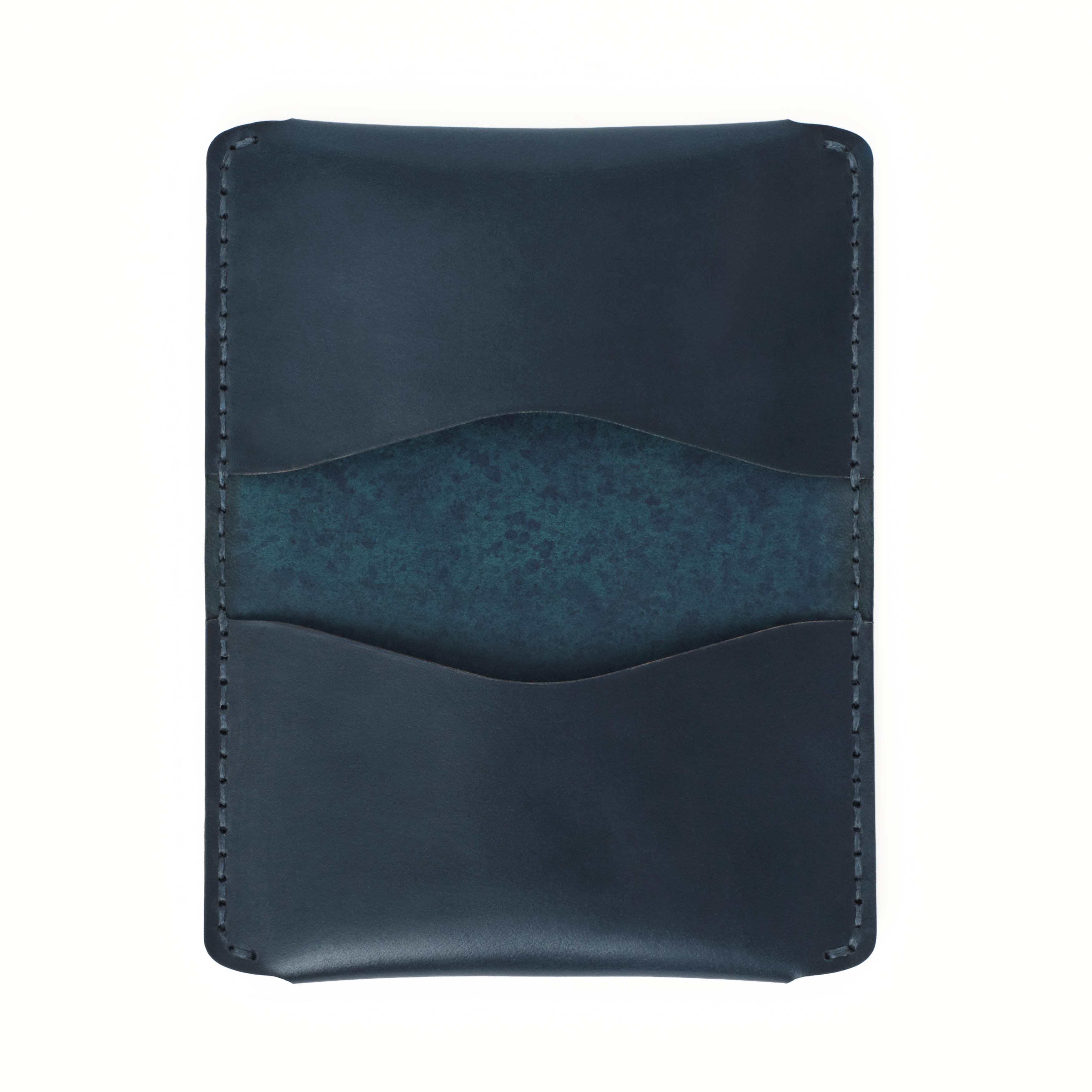 Inside of the MAKR Horizon Three V2 (HS) in Navy Horween Shell Cordovan, opened flat to show the pockets.