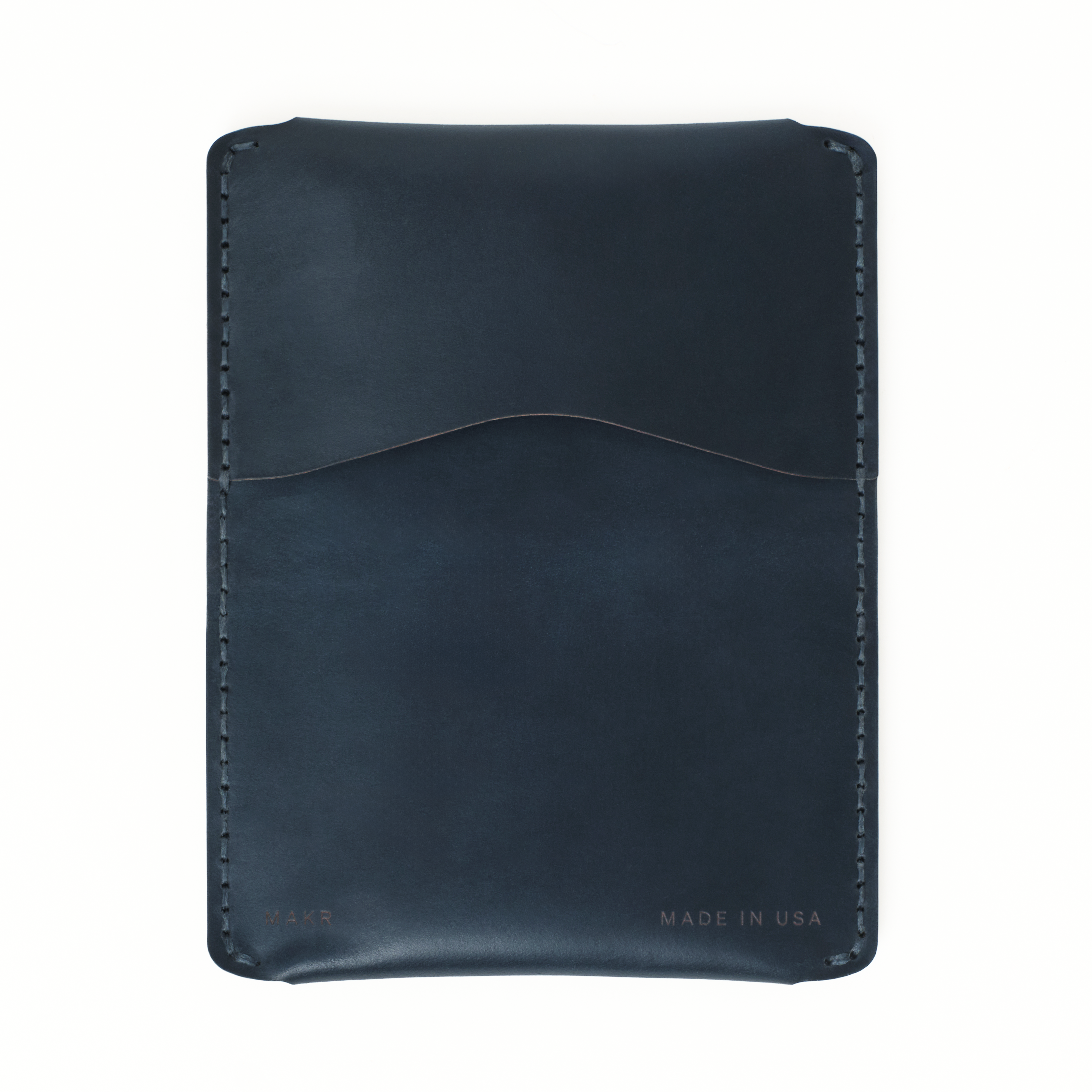 Outside of the MAKR Horizon Three V2 (HS) in Navy Horween Shell Cordovan, opened flat.