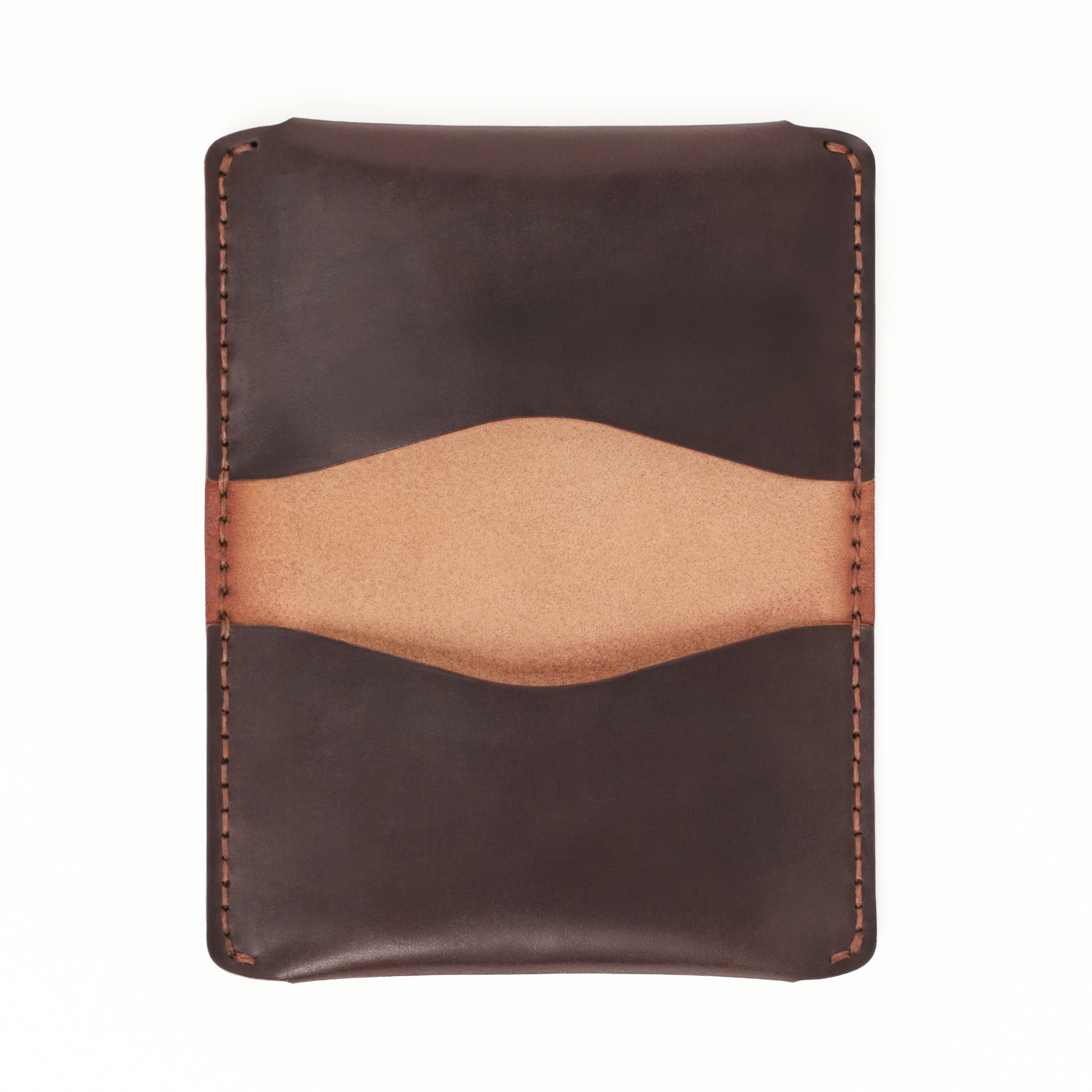 Inside of the MAKR Horizon Three V2 (HS) in Ox Blood Horween Shell Cordovan, opened flat to show the pockets.