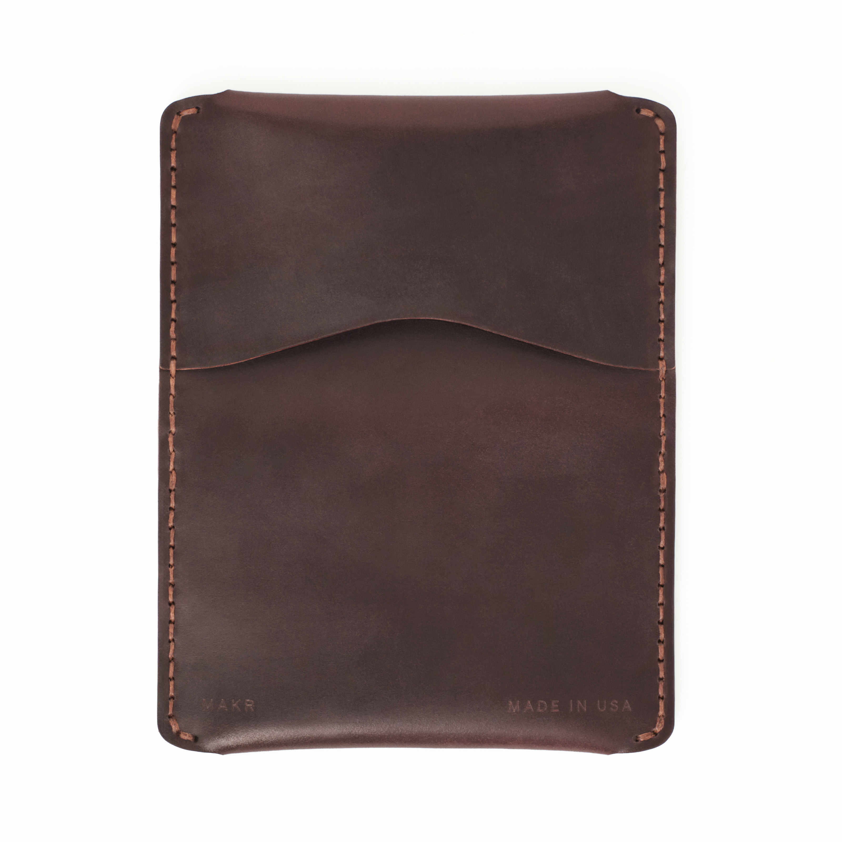 Outside of the MAKR Horizon Three V2 (HS) in Ox Blood Horween Shell Cordovan, opened flat.
