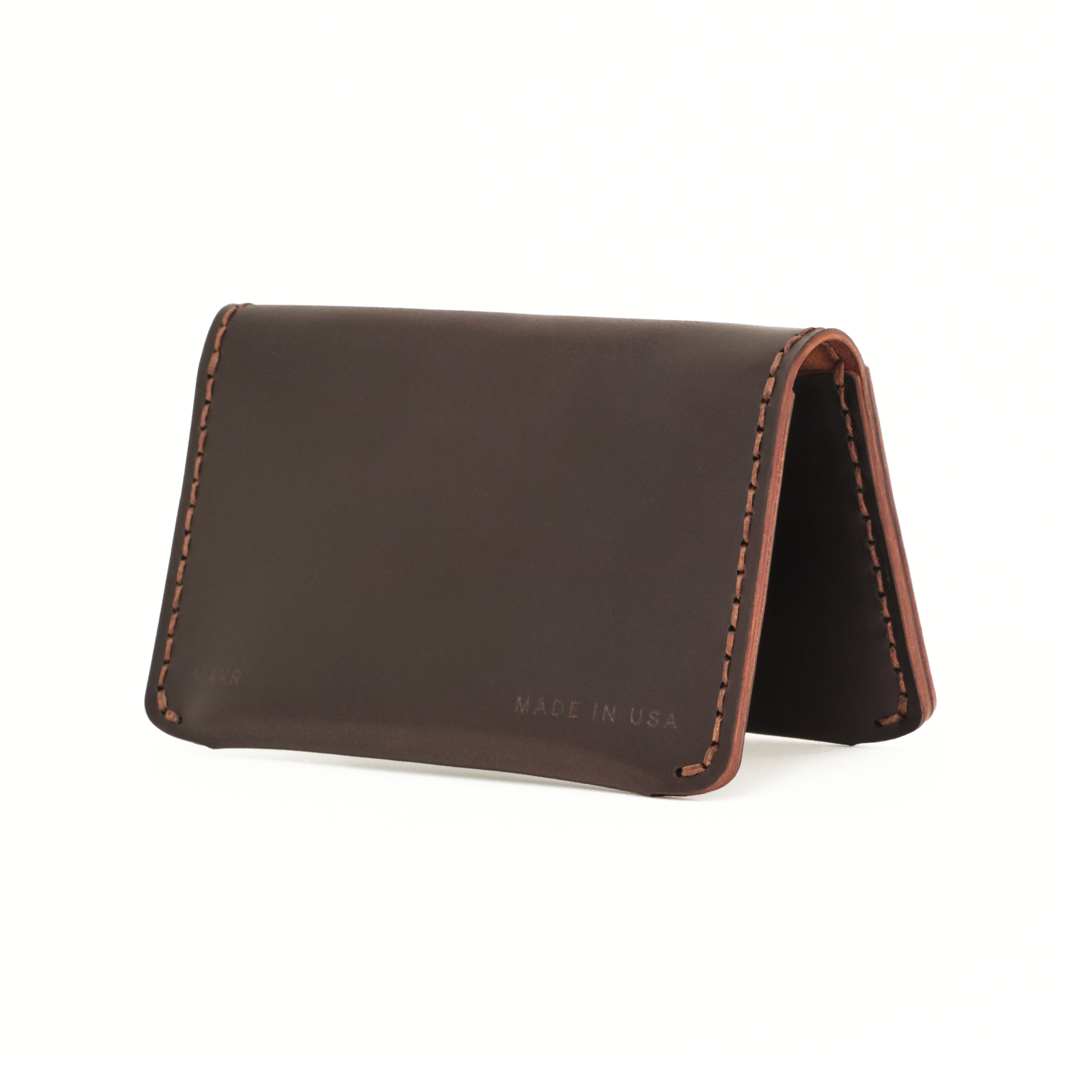 Angled back view of the MAKR Horizon Three V2 (HS) in Ox Blood Horween Shell Cordovan.
