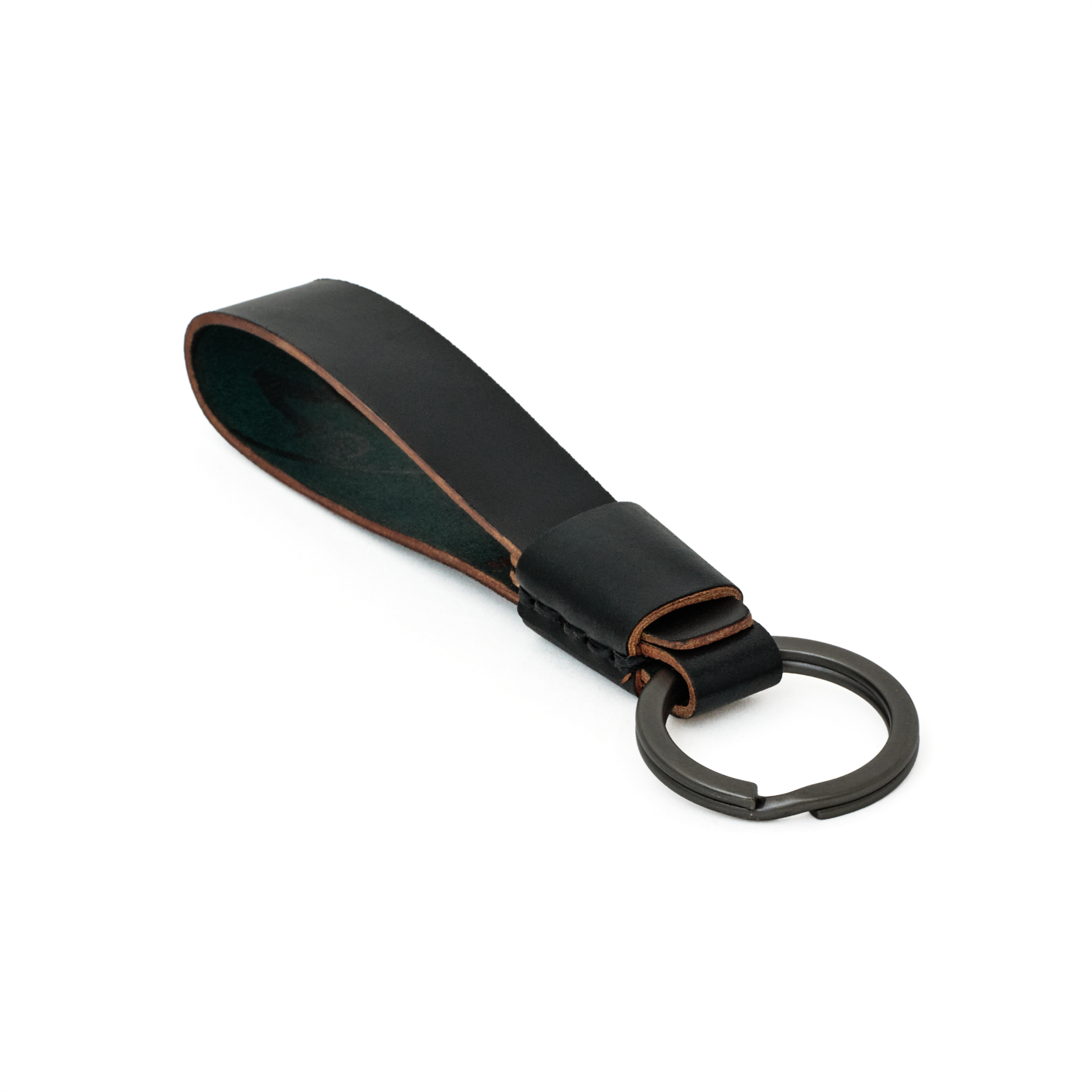 MAKR Overlap Keychain in black shell cordovan, angled front view with key ring.