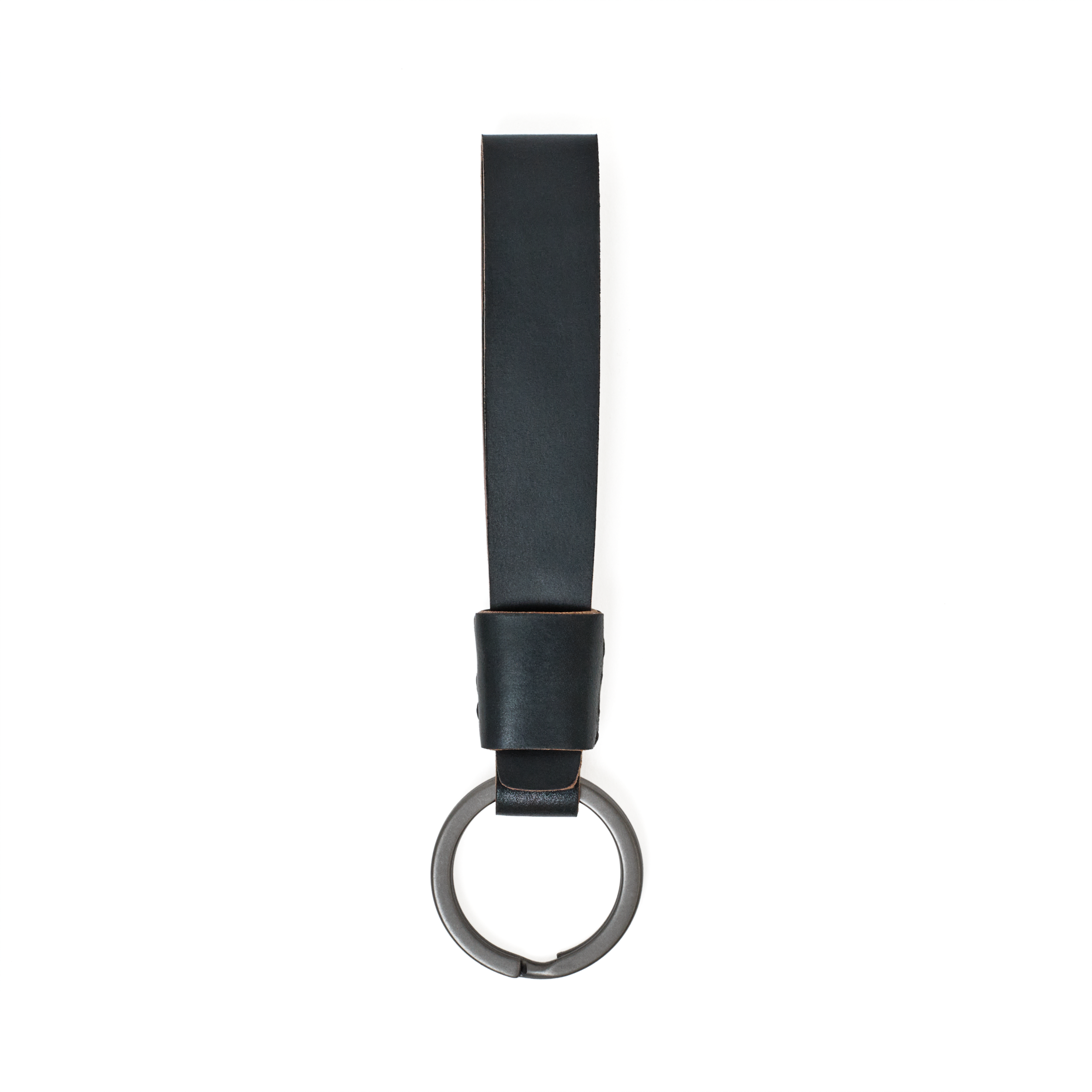 Top view of the MAKR Overlap Keychain, black shell cordovan loop with key ring.