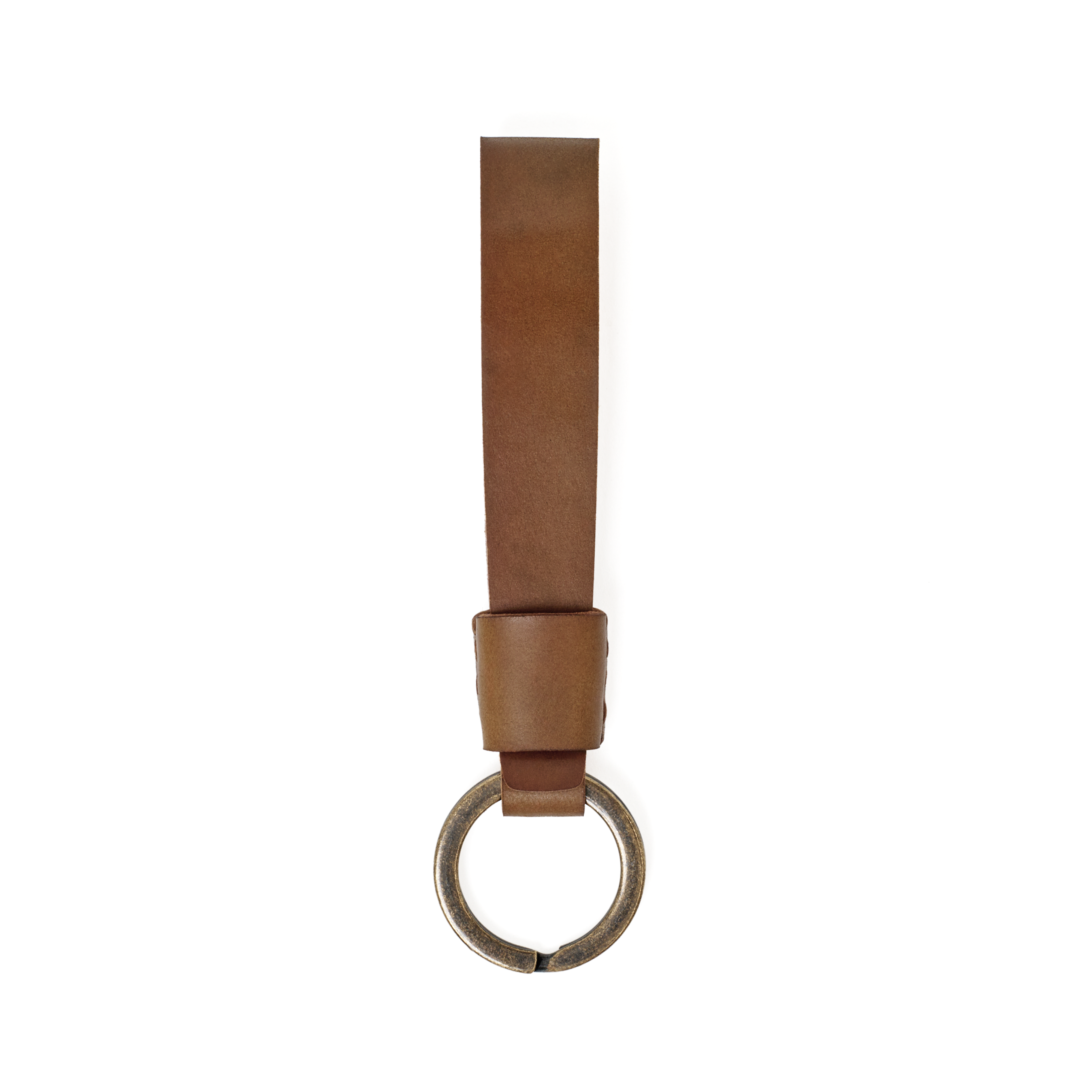 Top view of the MAKR Overlap Keychain, bourbon shell cordovan loop with key ring.