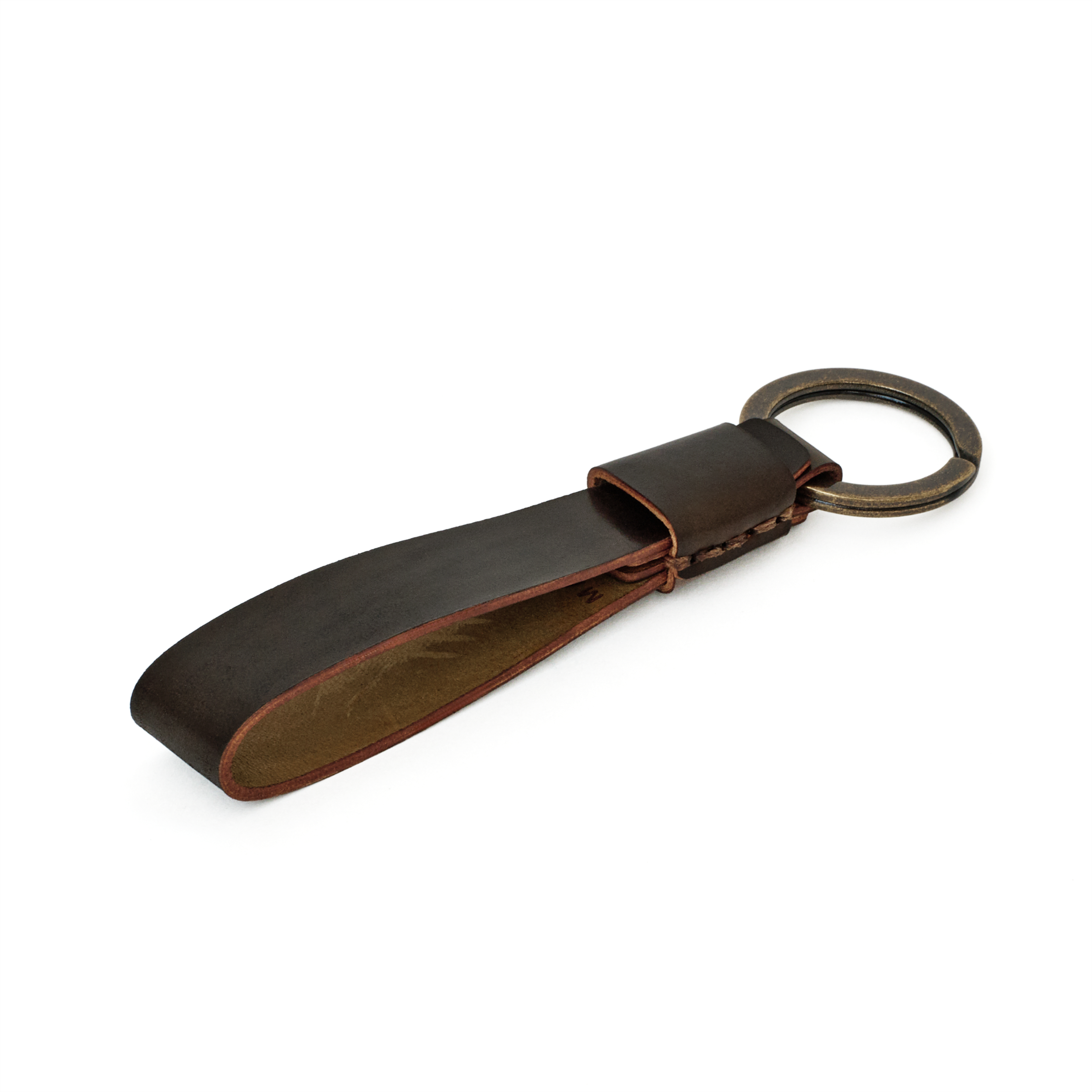 Back view of the MAKR Overlap Keychain in dark cognac Horween shell cordovan.