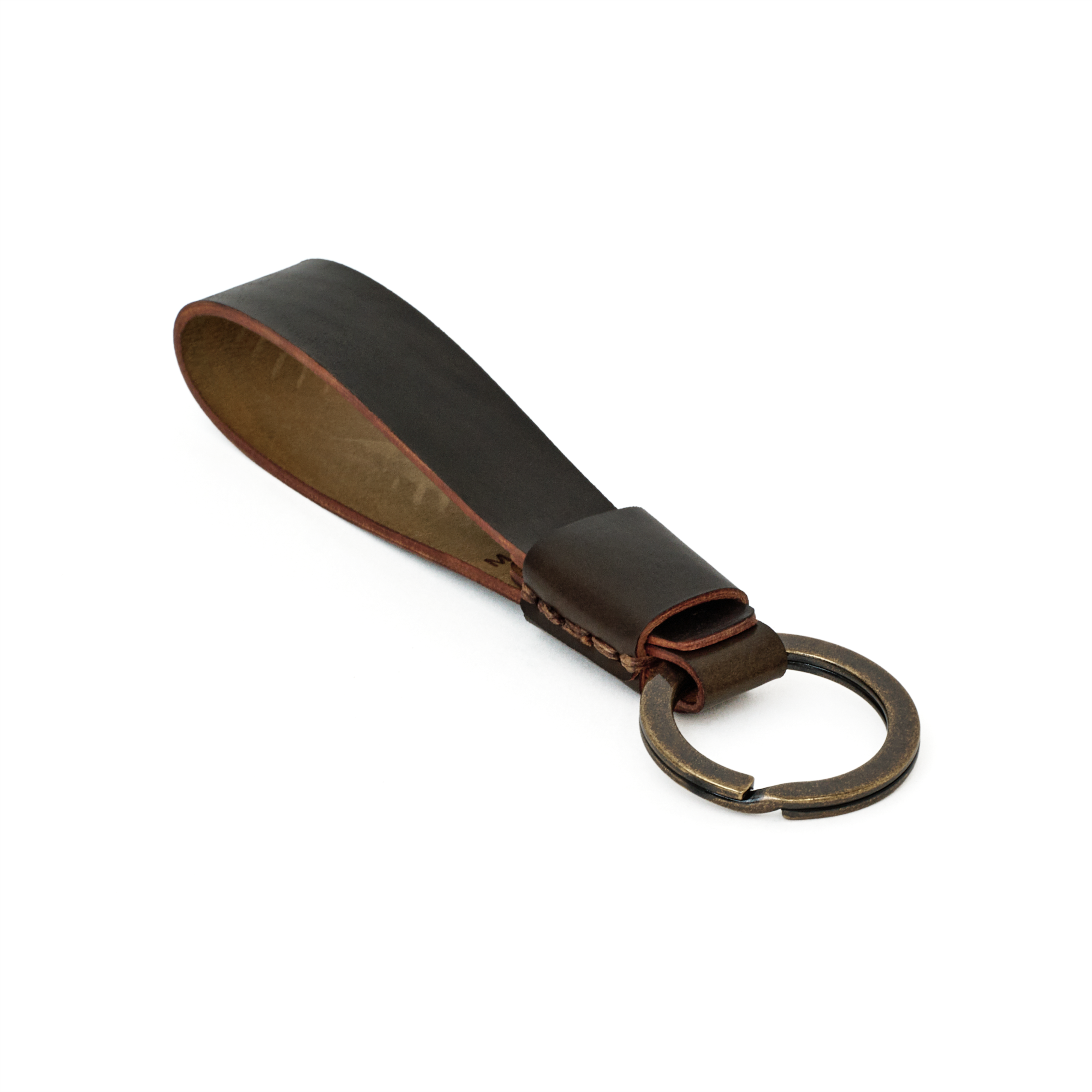 MAKR Overlap Keychain in dark cognac shell cordovan, angled front view with key ring.