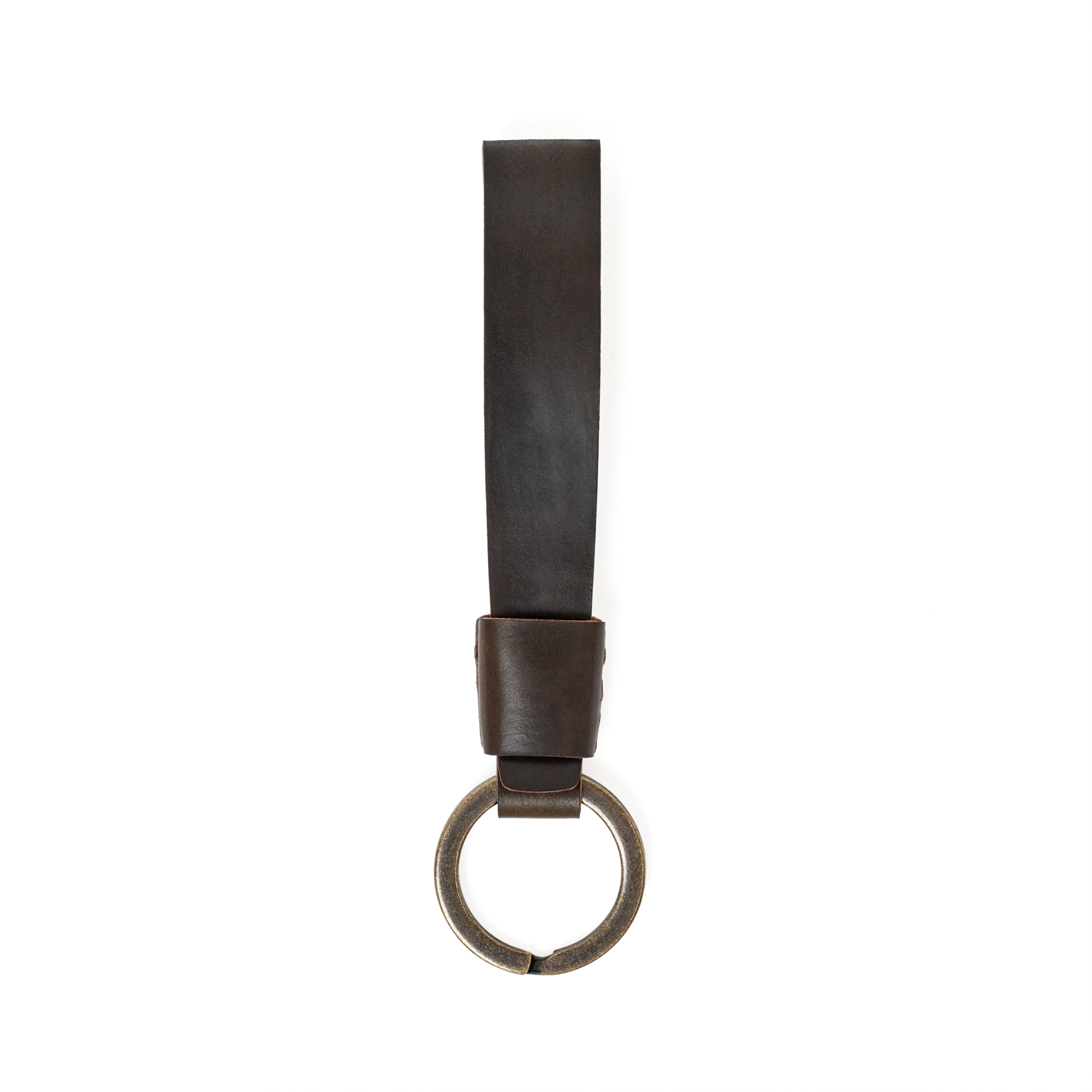 Top view of the MAKR Overlap Keychain, dark cognac shell cordovan loop with key ring.