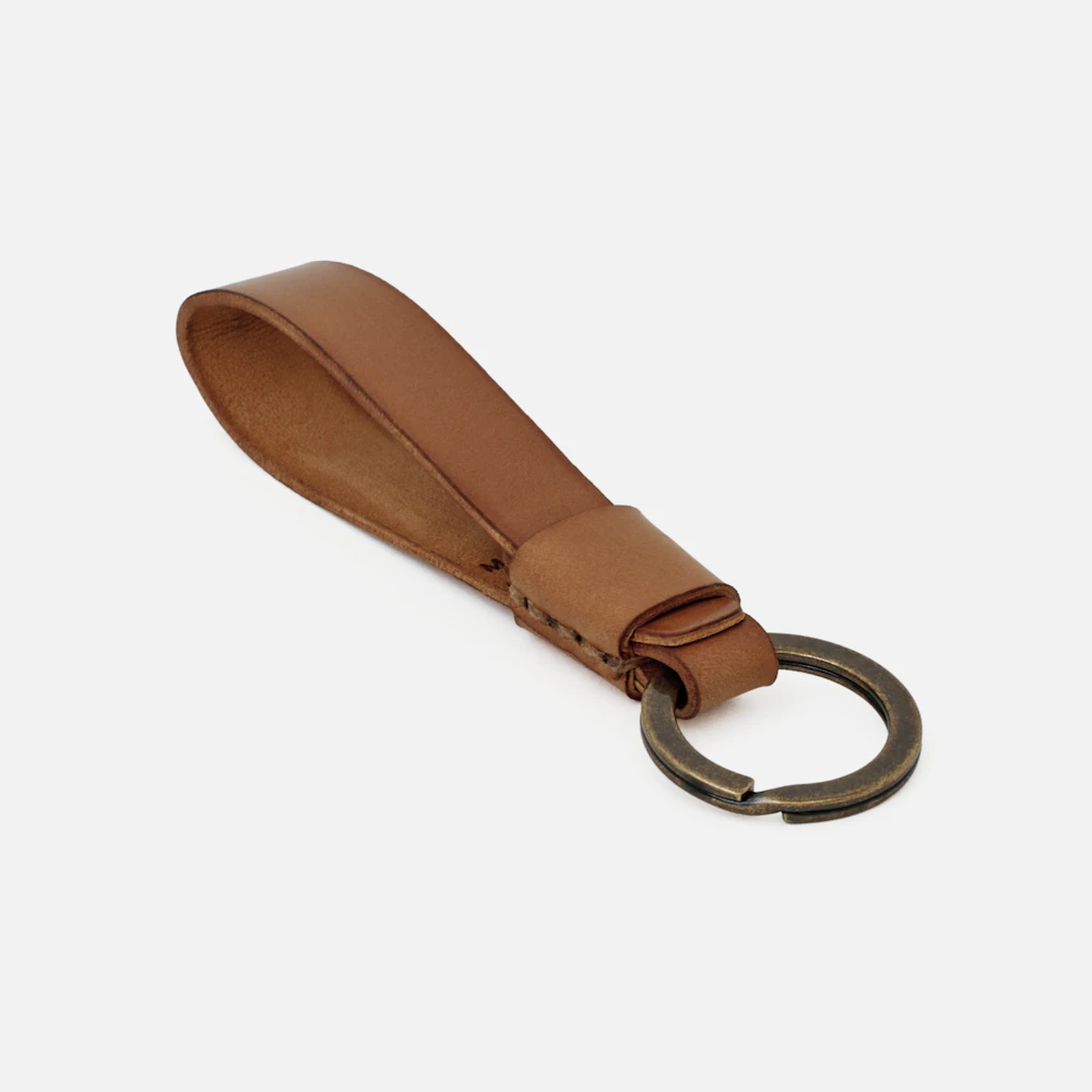 MAKR Overlap Keychain in natural shell cordovan, angled front view with key ring.