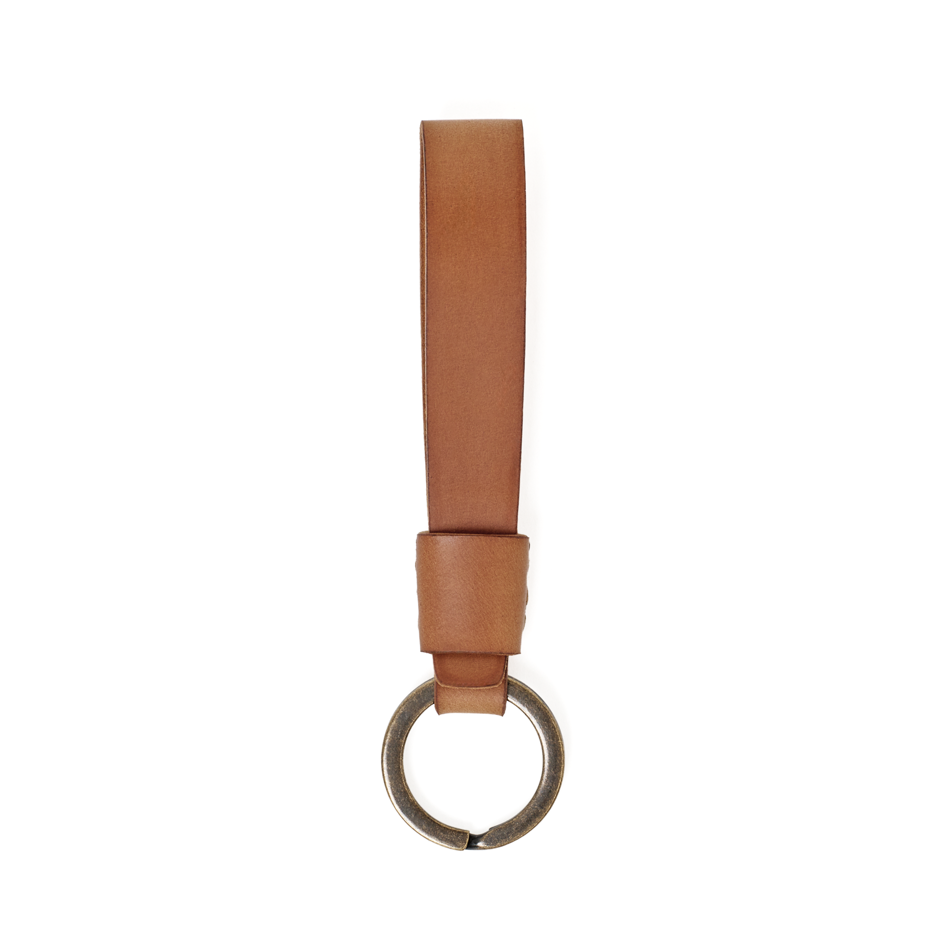 Top view of the MAKR Overlap Keychain, natural shell cordovan loop with key ring.