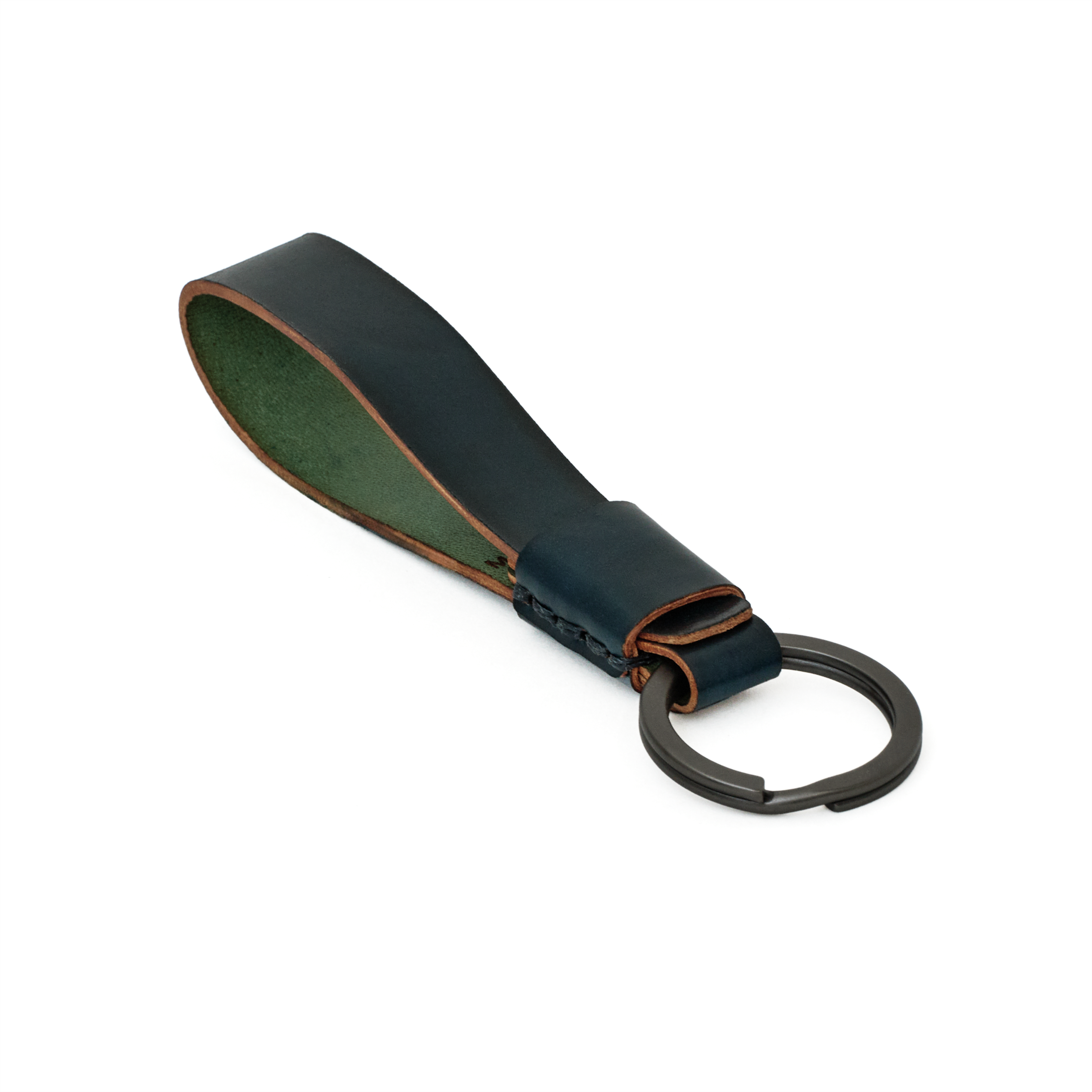 MAKR Overlap Keychain in navy shell cordovan, angled front view with key ring.