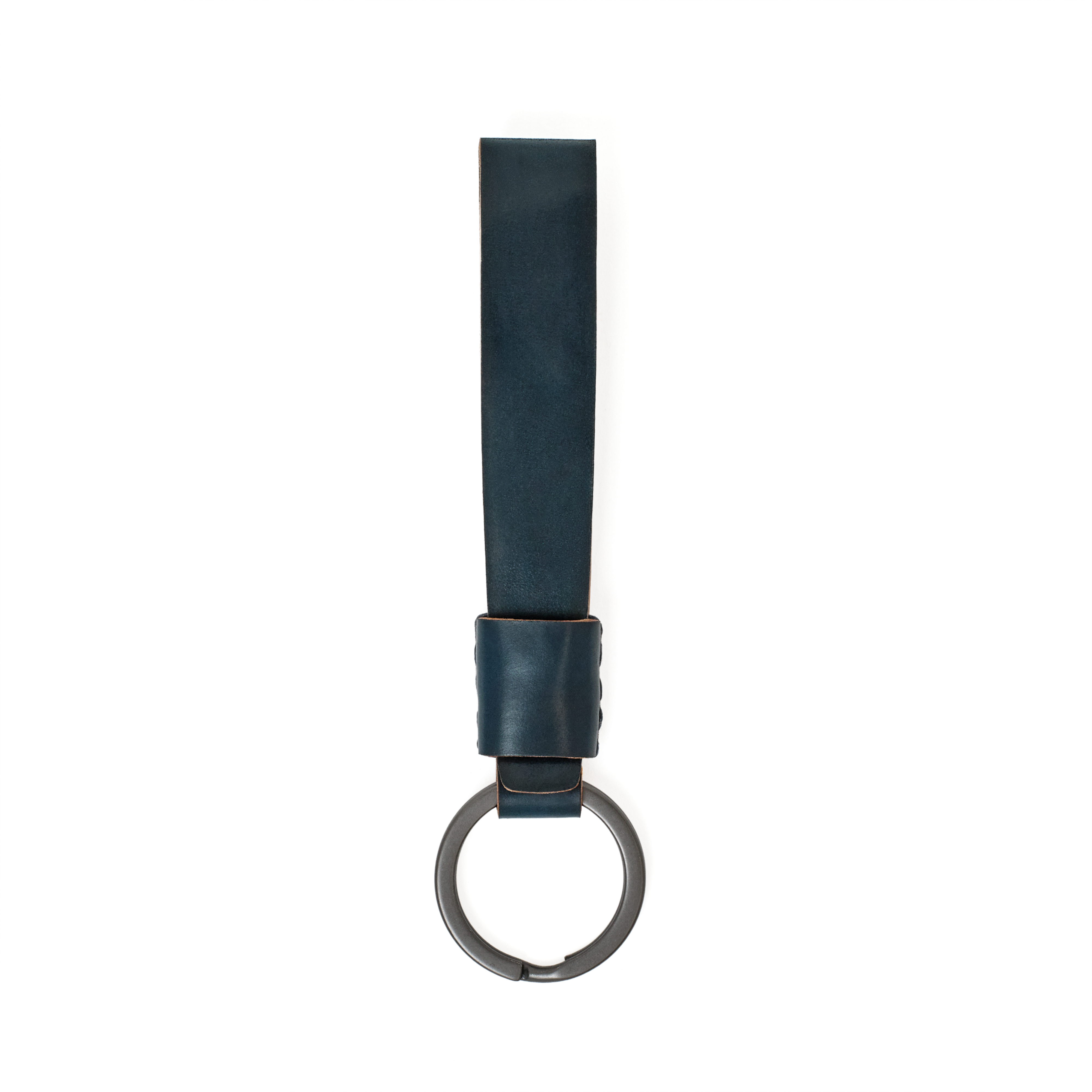 Top view of the MAKR Overlap Keychain, navy shell cordovan loop with key ring.