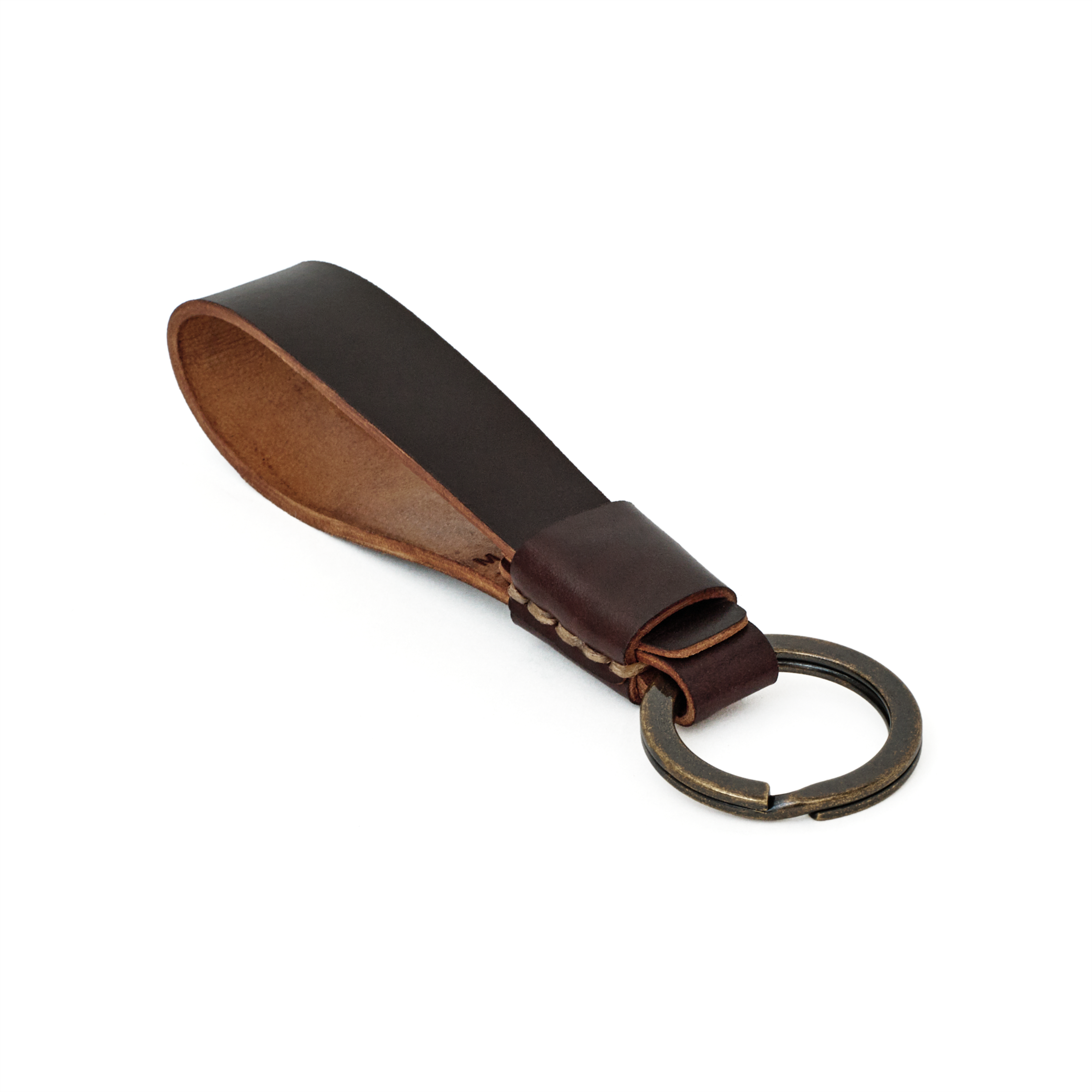 MAKR Overlap Keychain in ox blood shell cordovan, angled front view with key ring.