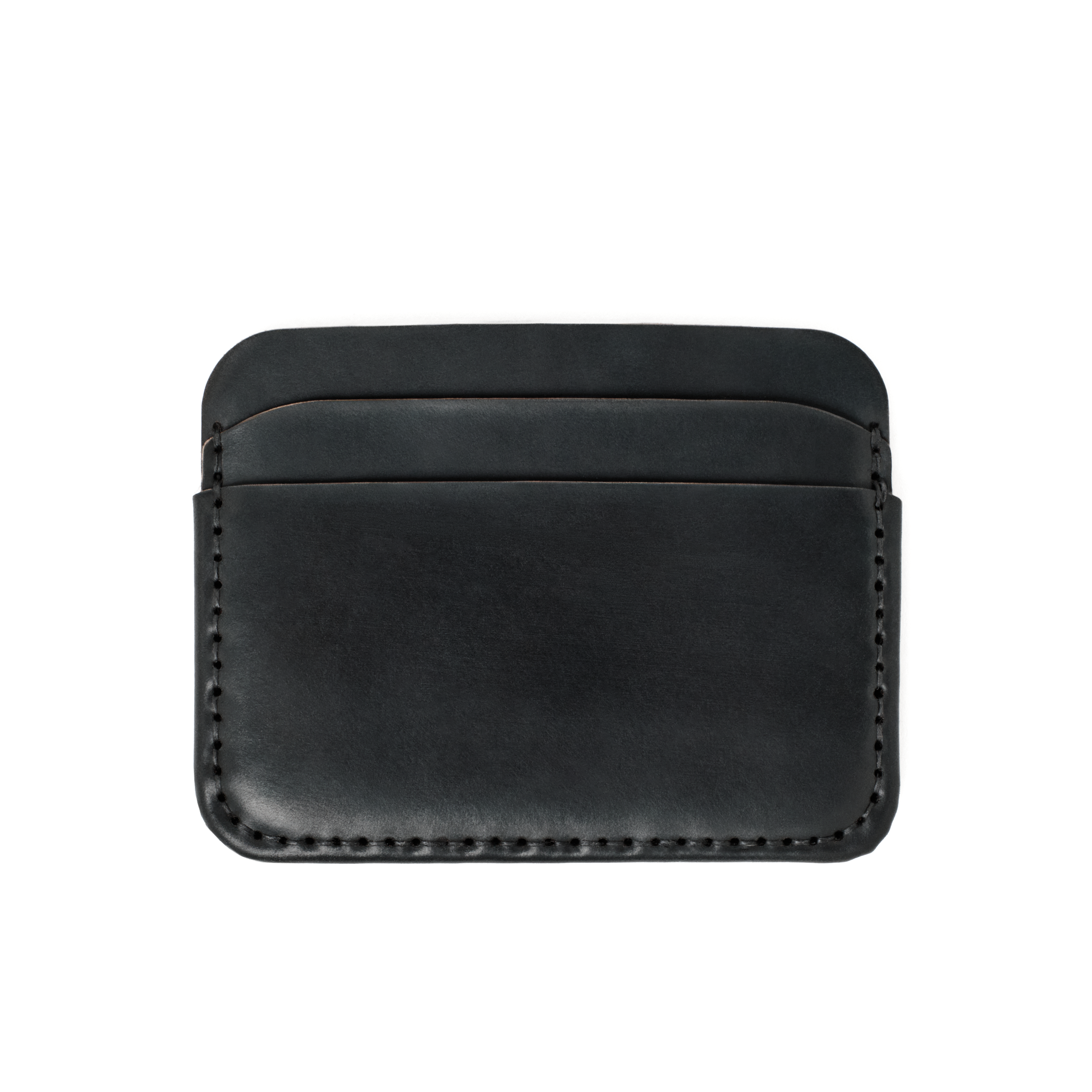 Front view of the MAKR Round Luxe PLUS Wallet in Black Horween Shell Cordovan.